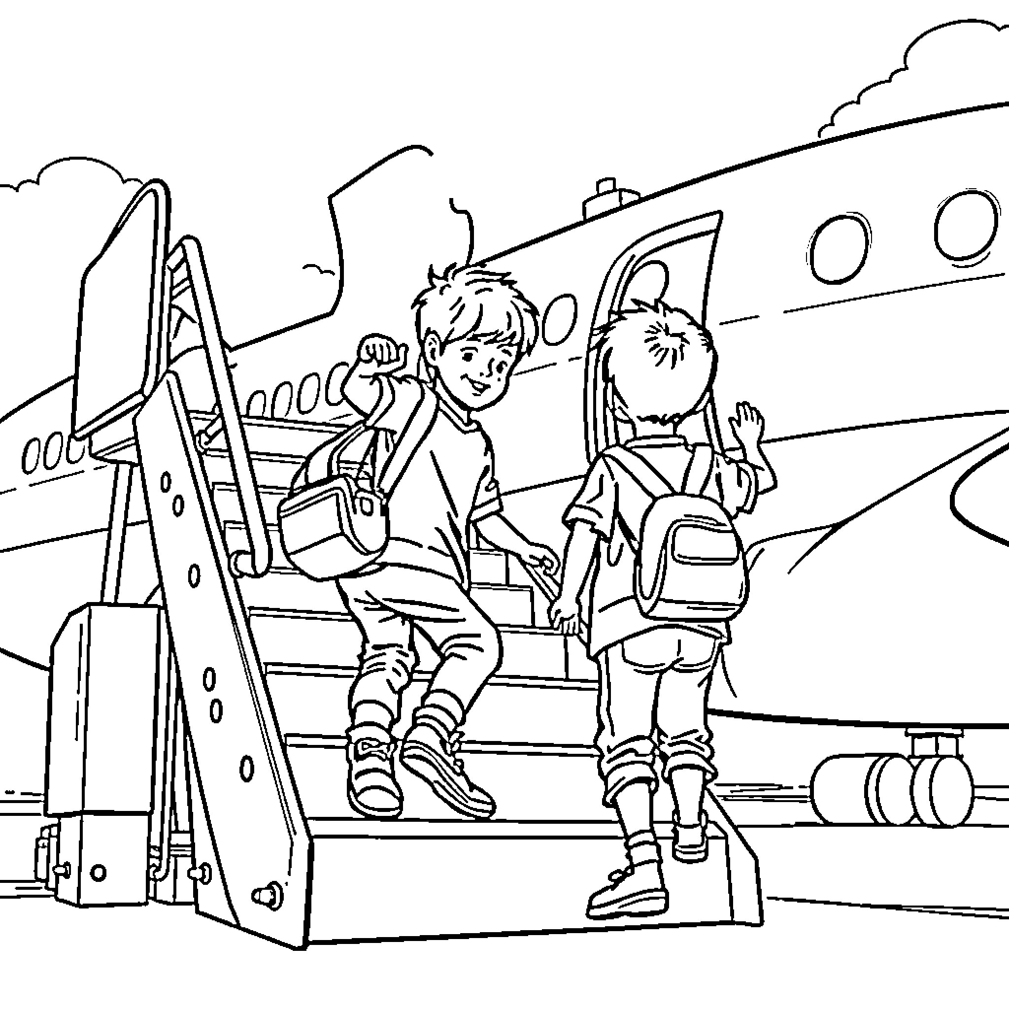 Boy playing on playground equipment in school setting Coloring Page (free black-and-white line drawing printable PDF for all, from beginners to advanced learners, including children, teens, adults, and seniors)