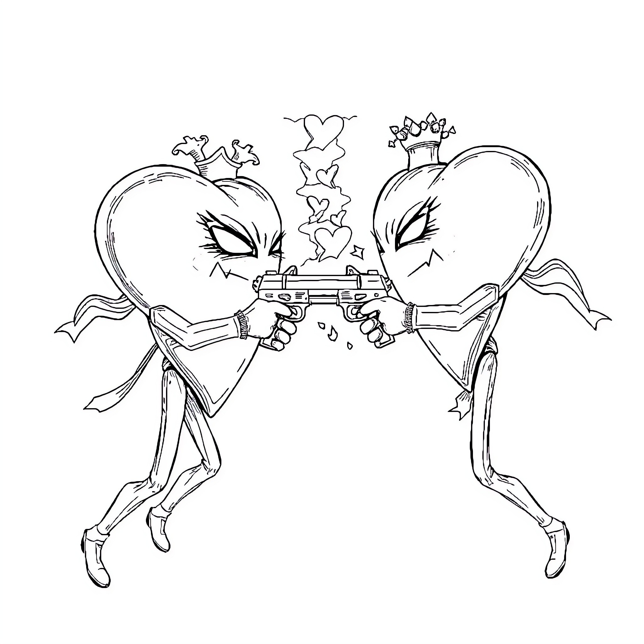 Heart-shaped characters fighting with weapons Coloring Page (free black-and-white line drawing printable PDF for all, from beginners to advanced learners, including children, teens, adults, and seniors)
