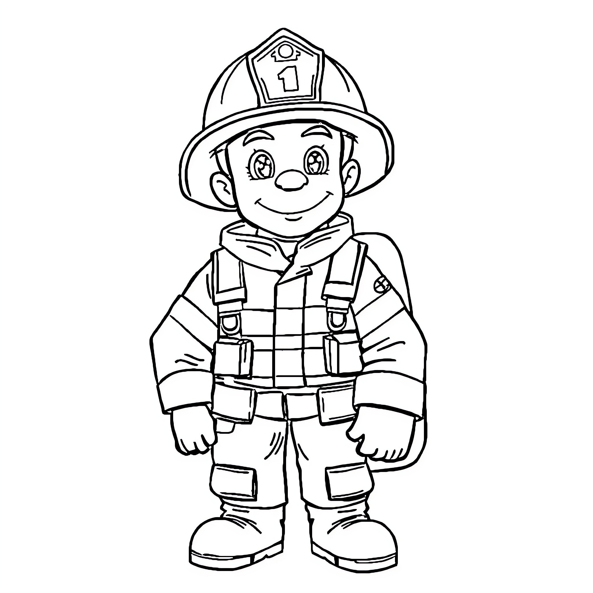 Firefighter in uniform with gear and equipment Coloring Page (free black-and-white line drawing printable PDF for all, from beginners to advanced learners, including children, teens, adults, and seniors)
