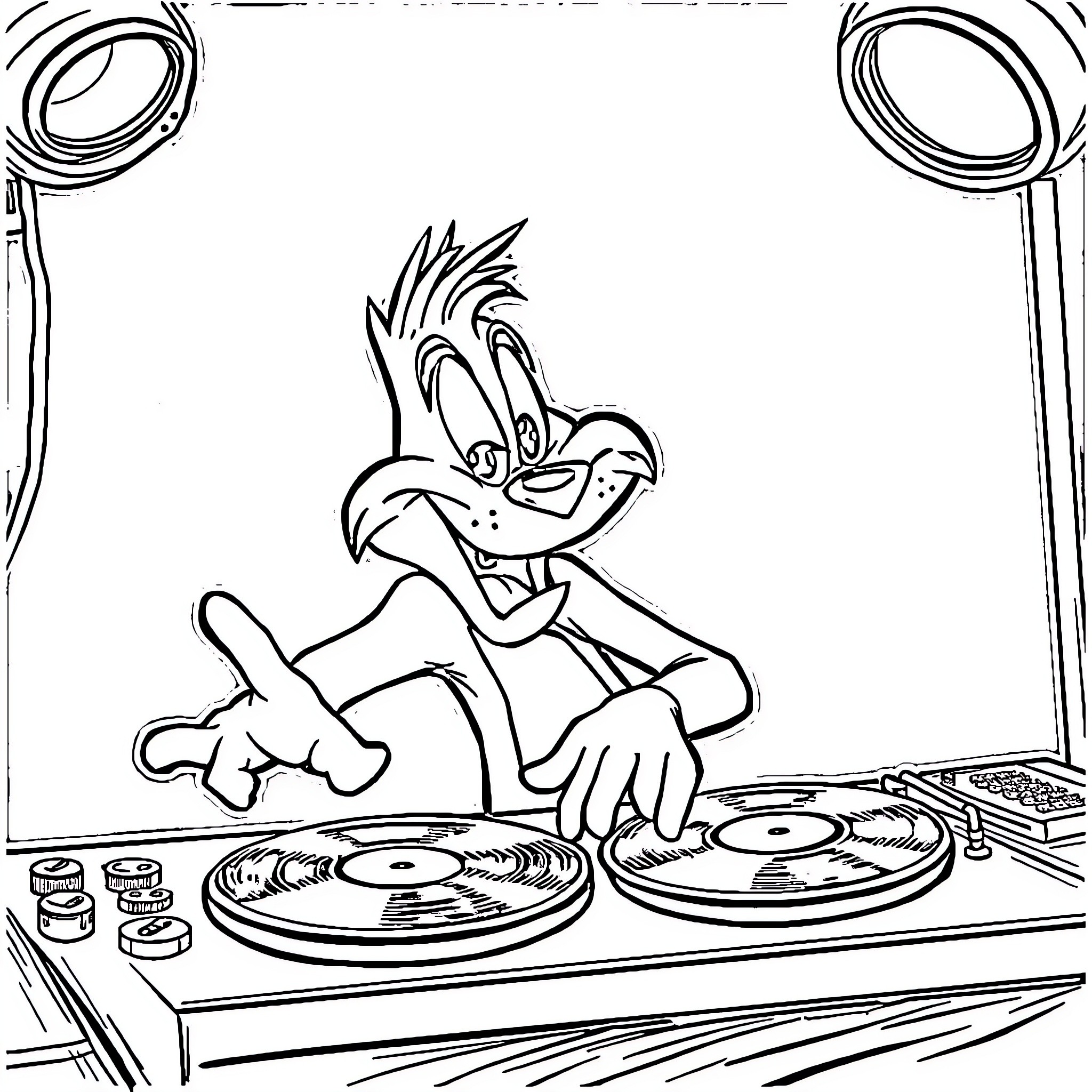 Taz the Tasmanian Devil Spinning Records Coloring Page (free black-and-white line drawing printable PDF for all, from beginners to advanced learners, including children, teens, adults, and seniors)