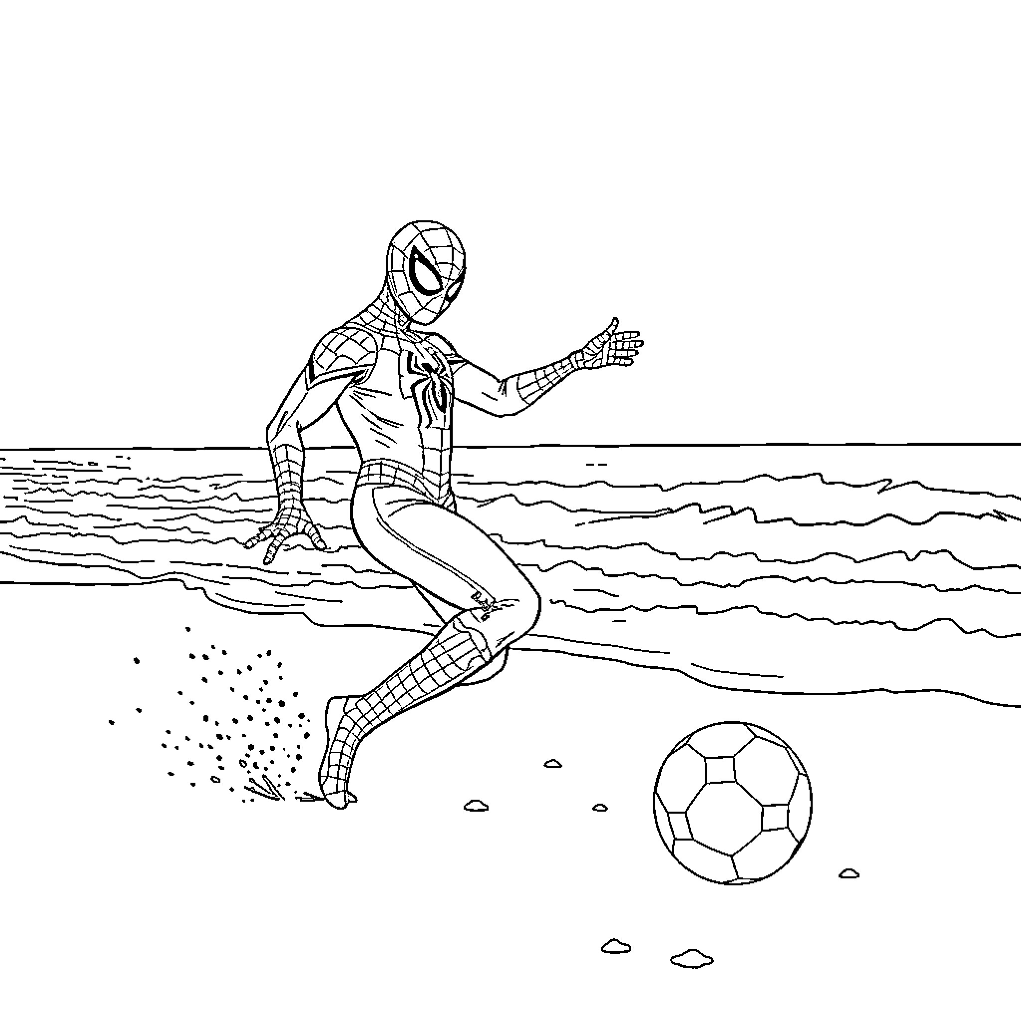 Spiderman playing soccer on the beach Coloring Page (free black-and-white line drawing printable PDF for all, from beginners to advanced learners, including children, teens, adults, and seniors)