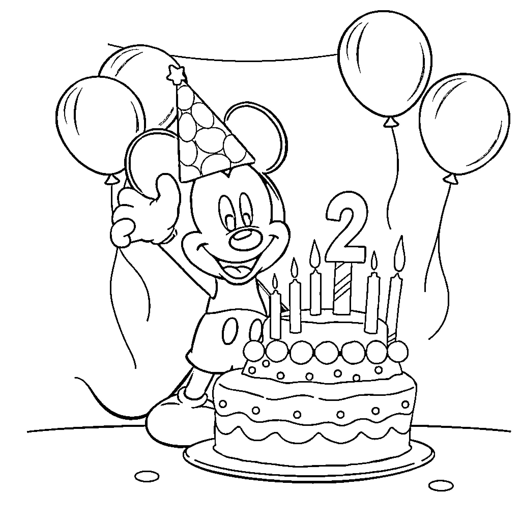 Mickey Mouse Celebrating His Birthday with Cake and Balloons Coloring Page (free black-and-white line drawing printable PDF for all, from beginners to advanced learners, including children, teens, adults, and seniors)