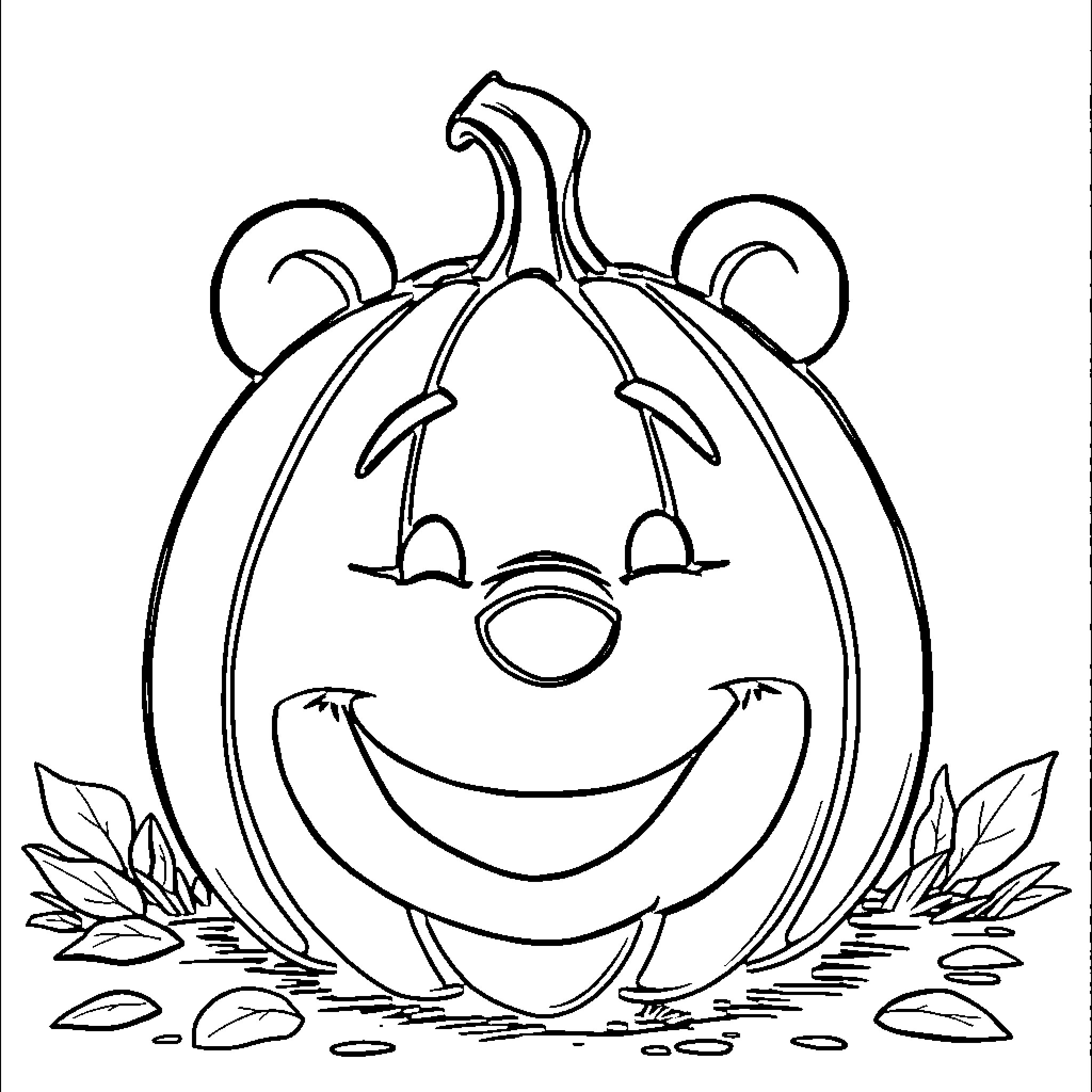 Pumpkin with a cheerful expression Coloring Page (free black-and-white line drawing printable PDF for all, from beginners to advanced learners, including children, teens, adults, and seniors)