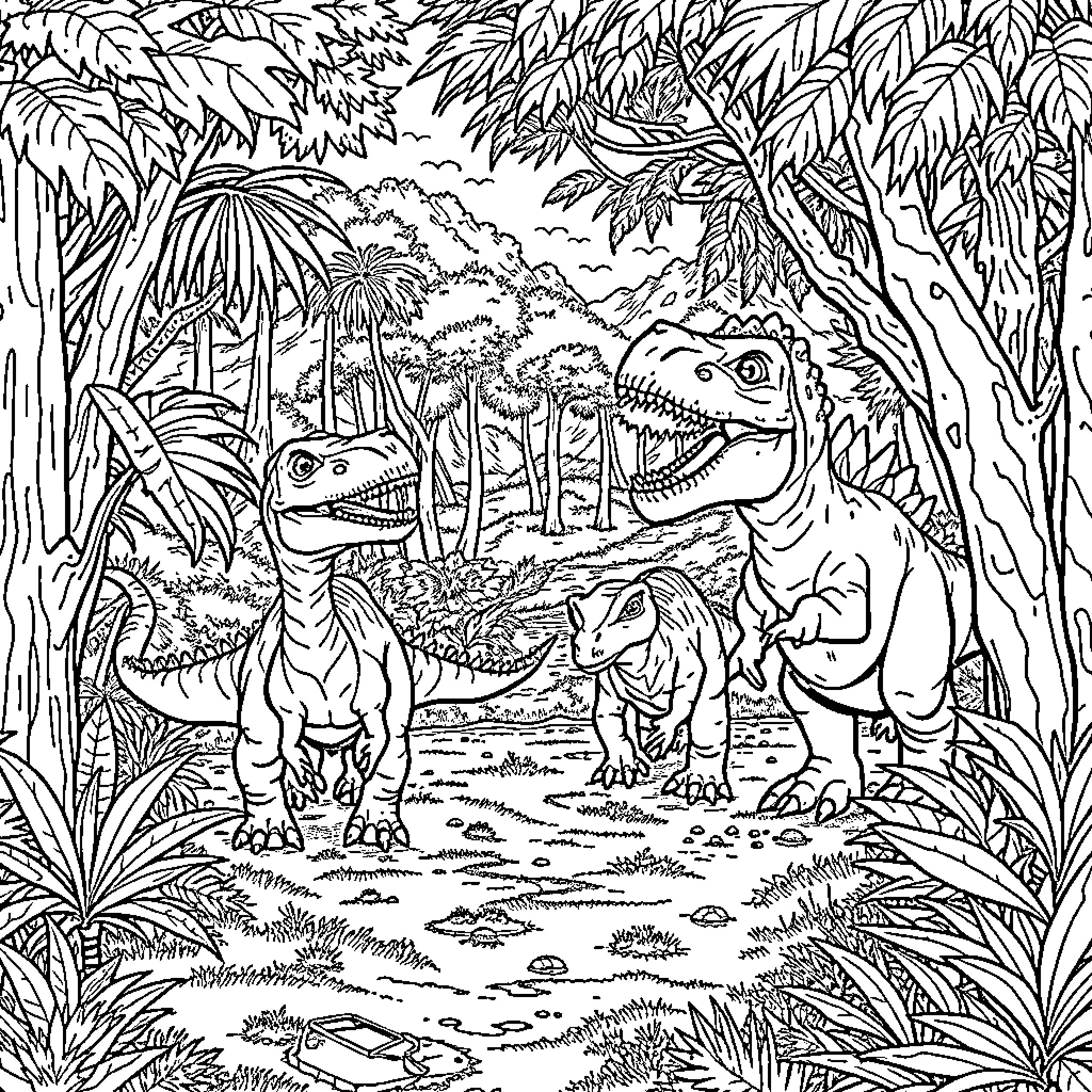Dinosaur family in the prehistoric jungle Coloring Page (free black-and-white line drawing printable PDF for all, from beginners to advanced learners, including children, teens, adults, and seniors)