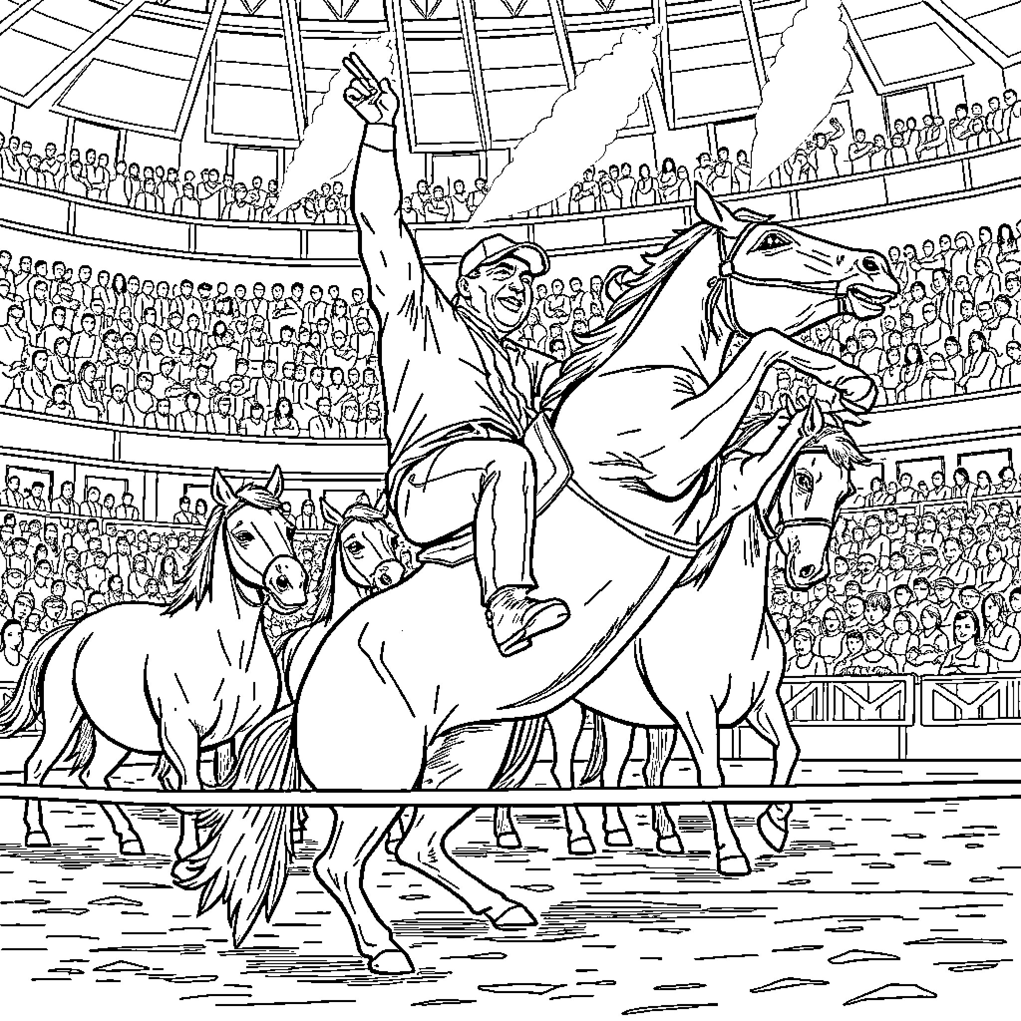 John Cena Performs Dramatic Equestrian Stunt in Stadium Coloring Page (free black-and-white line drawing printable PDF for all, from beginners to advanced learners, including children, teens, adults, and seniors)