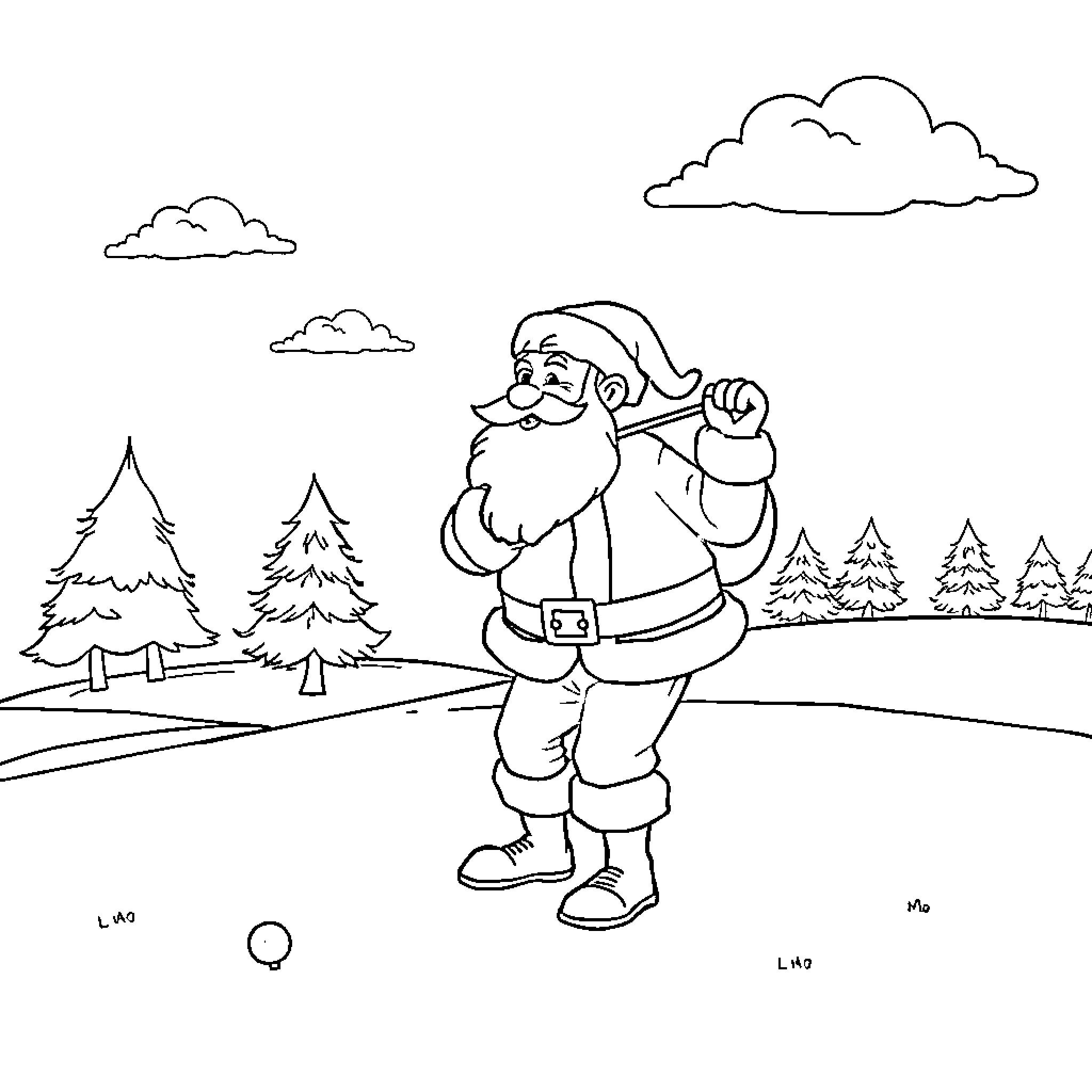 Santa enjoying snowy outdoor scenery Coloring Page (free black-and-white line drawing printable PDF for all, from beginners to advanced learners, including children, teens, adults, and seniors)