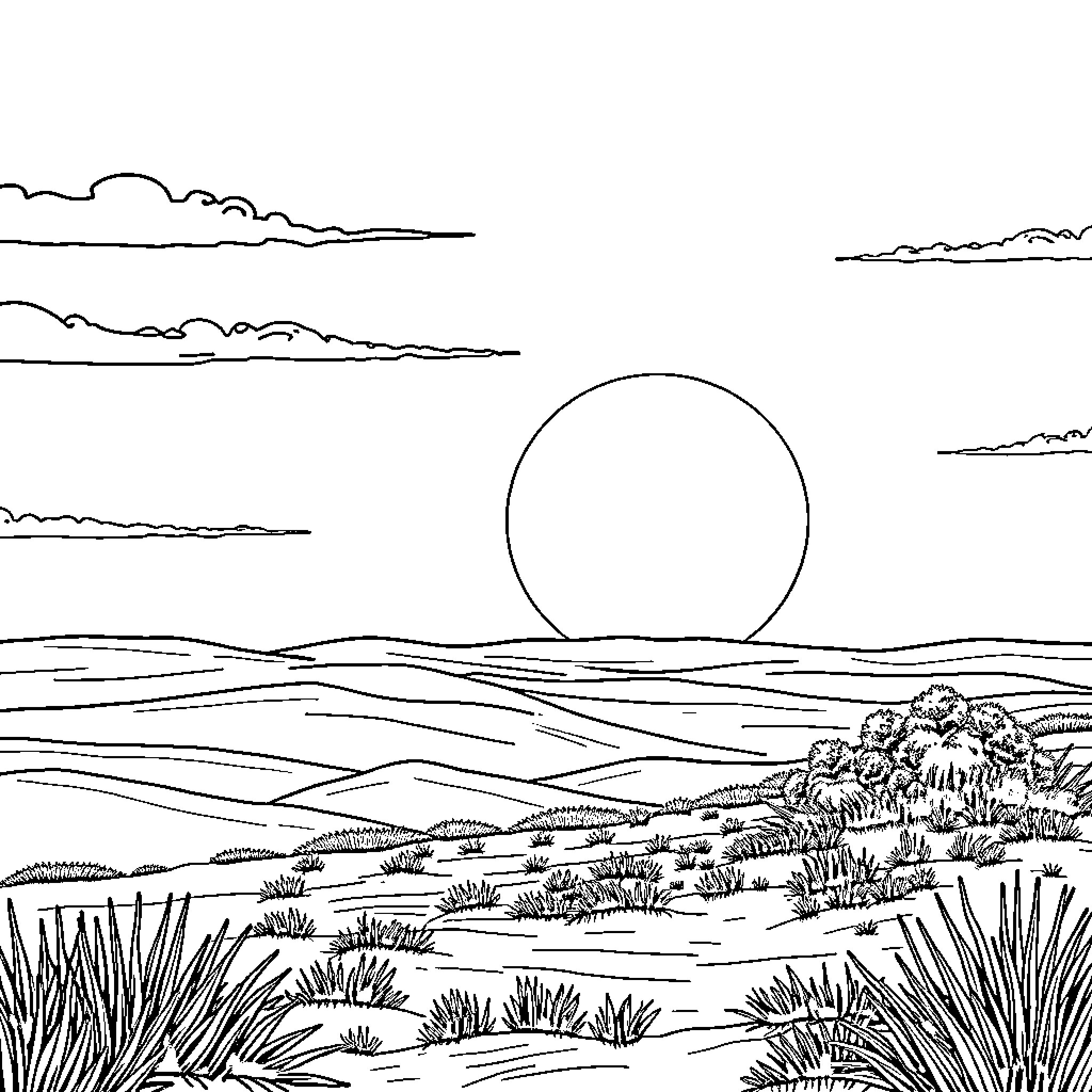 Sun setting over the serene landscape Coloring Page (free black-and-white line drawing printable PDF for all, from beginners to advanced learners, including children, teens, adults, and seniors)