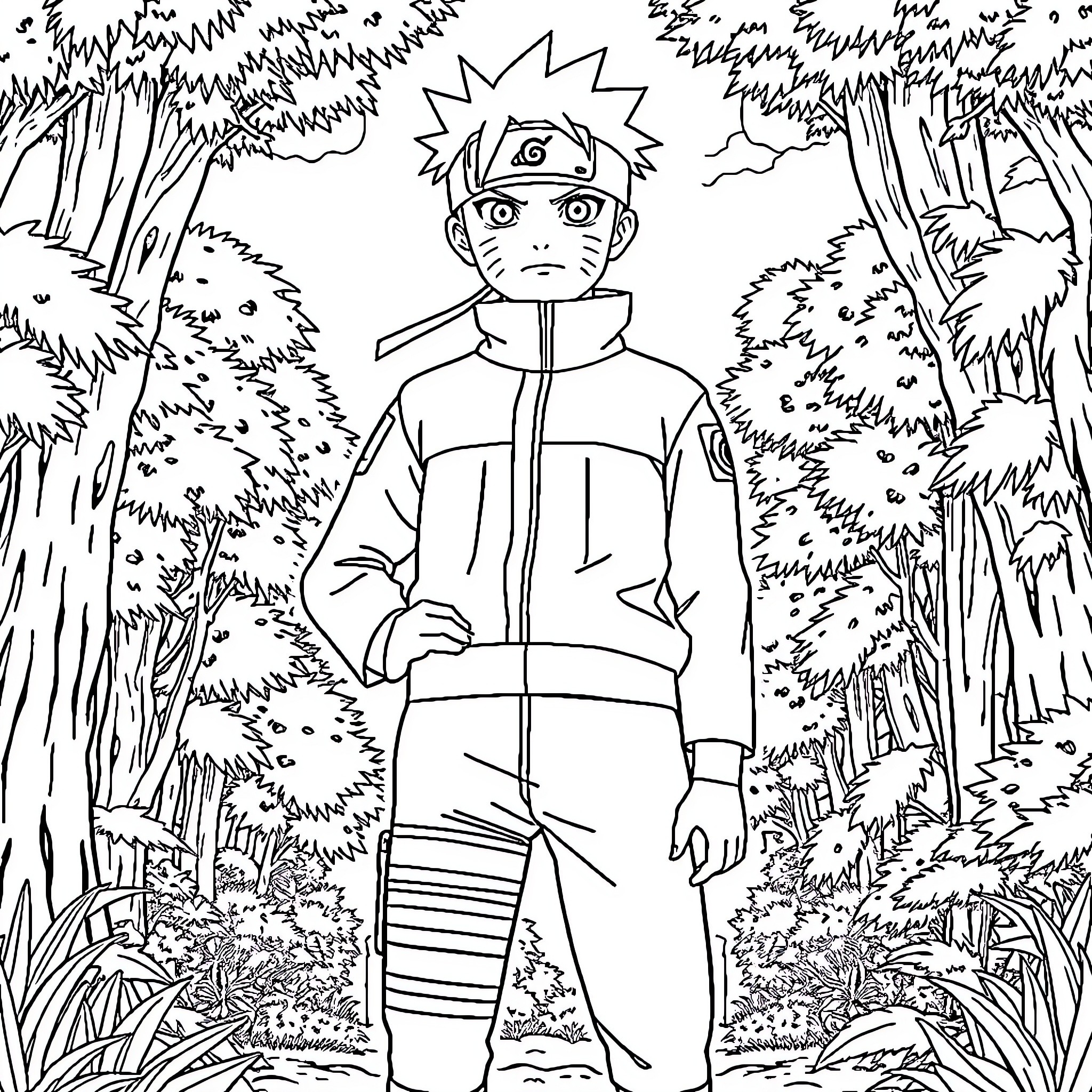 Naruto Exploring the Forest Wilderness Coloring Page (free black-and-white line drawing printable PDF for all, from beginners to advanced learners, including children, teens, adults, and seniors)