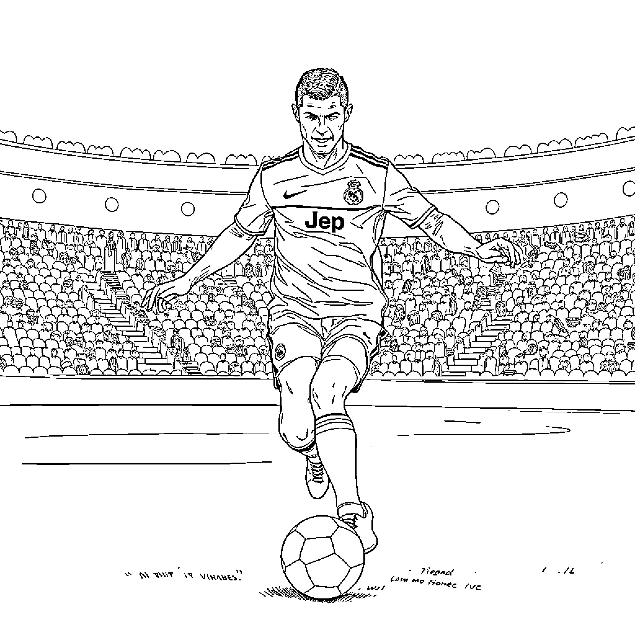 Cristiano Ronaldo dribbling with the ball on the field Coloring Page (free black-and-white line drawing printable PDF for all, from beginners to advanced learners, including children, teens, adults, and seniors)