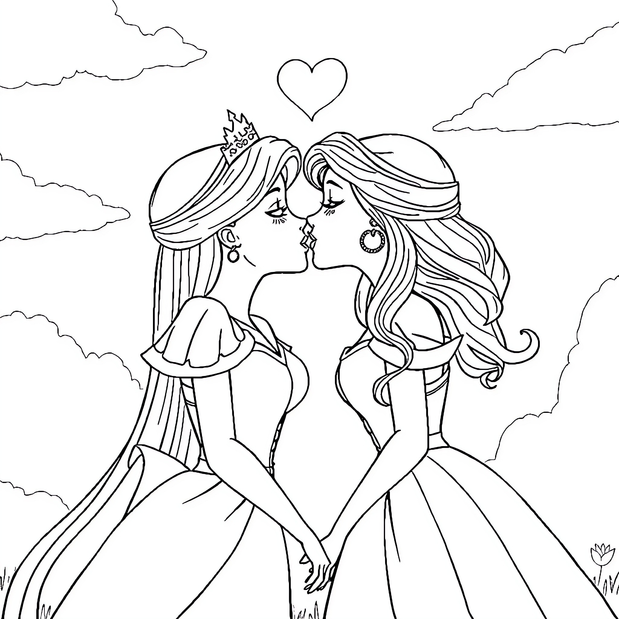 Princess Brides in Love Embrace with Heart Coloring Page (free black-and-white line drawing printable PDF for all, from beginners to advanced learners, including children, teens, adults, and seniors)