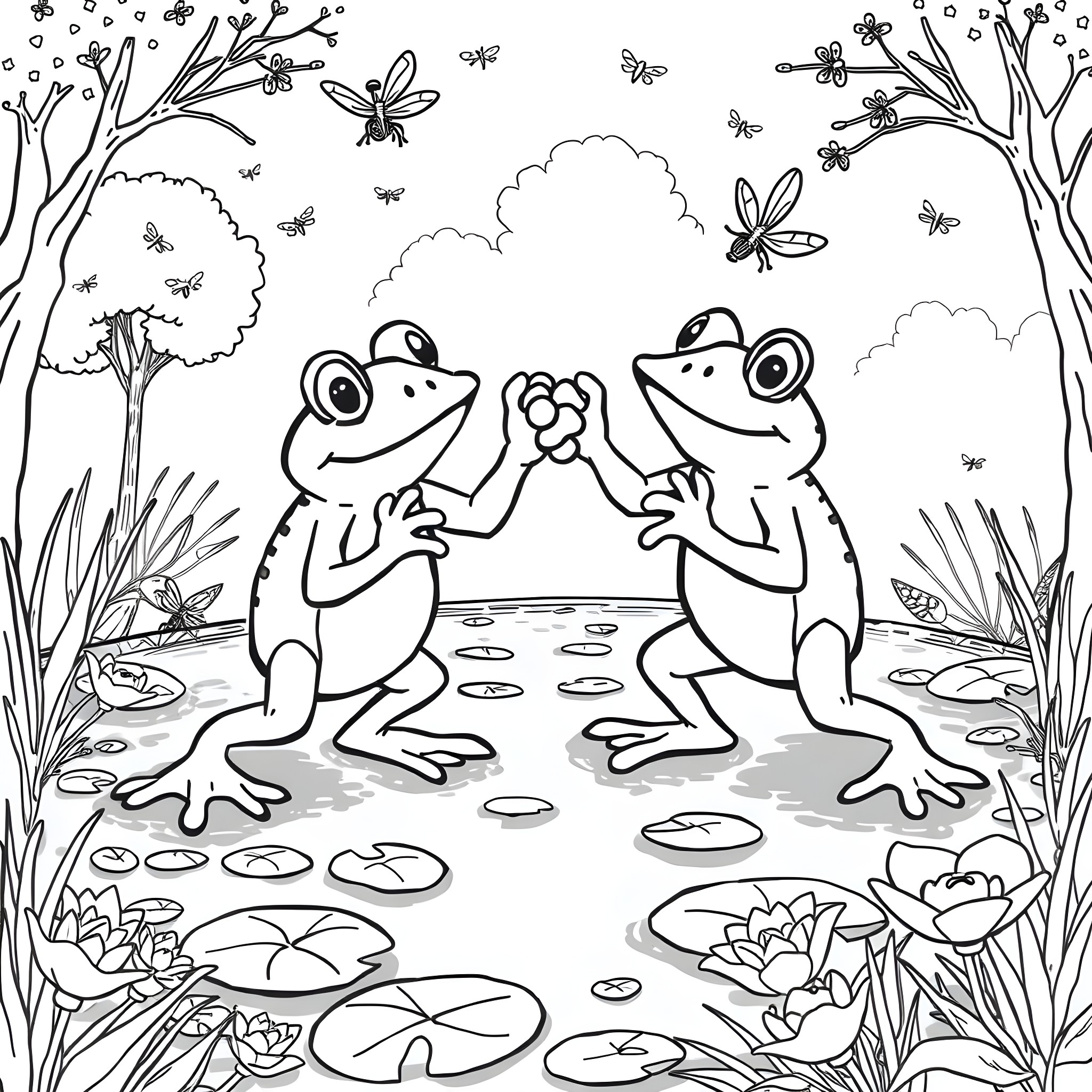Frog friends enjoying nature in the pond Coloring Page (free black-and-white line drawing printable PDF for all, from beginners to advanced learners, including children, teens, adults, and seniors)