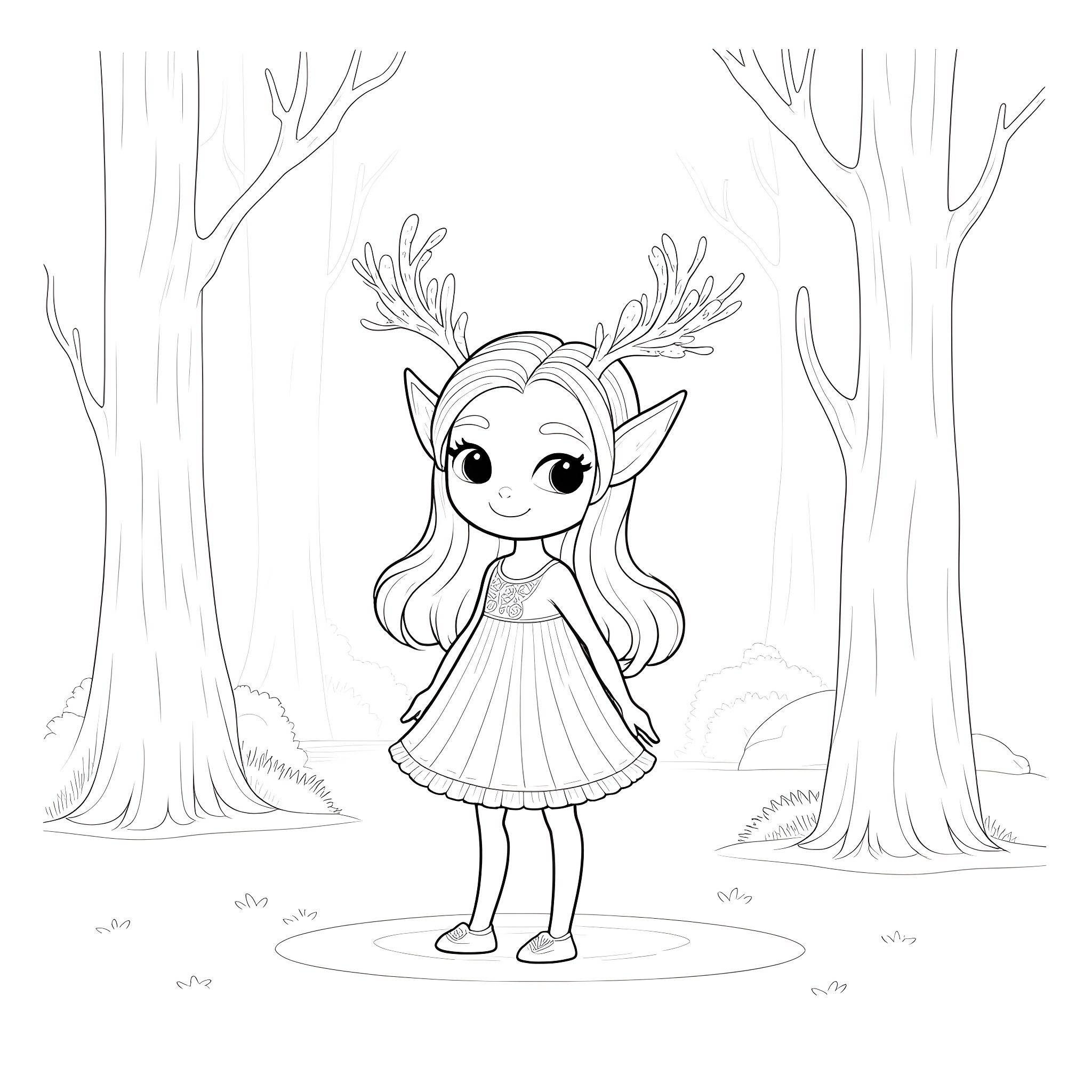 Elven Girl in a Magical Forest Coloring Page (free black-and-white line drawing printable PDF for all, from beginners to advanced learners, including children, teens, adults, and seniors)