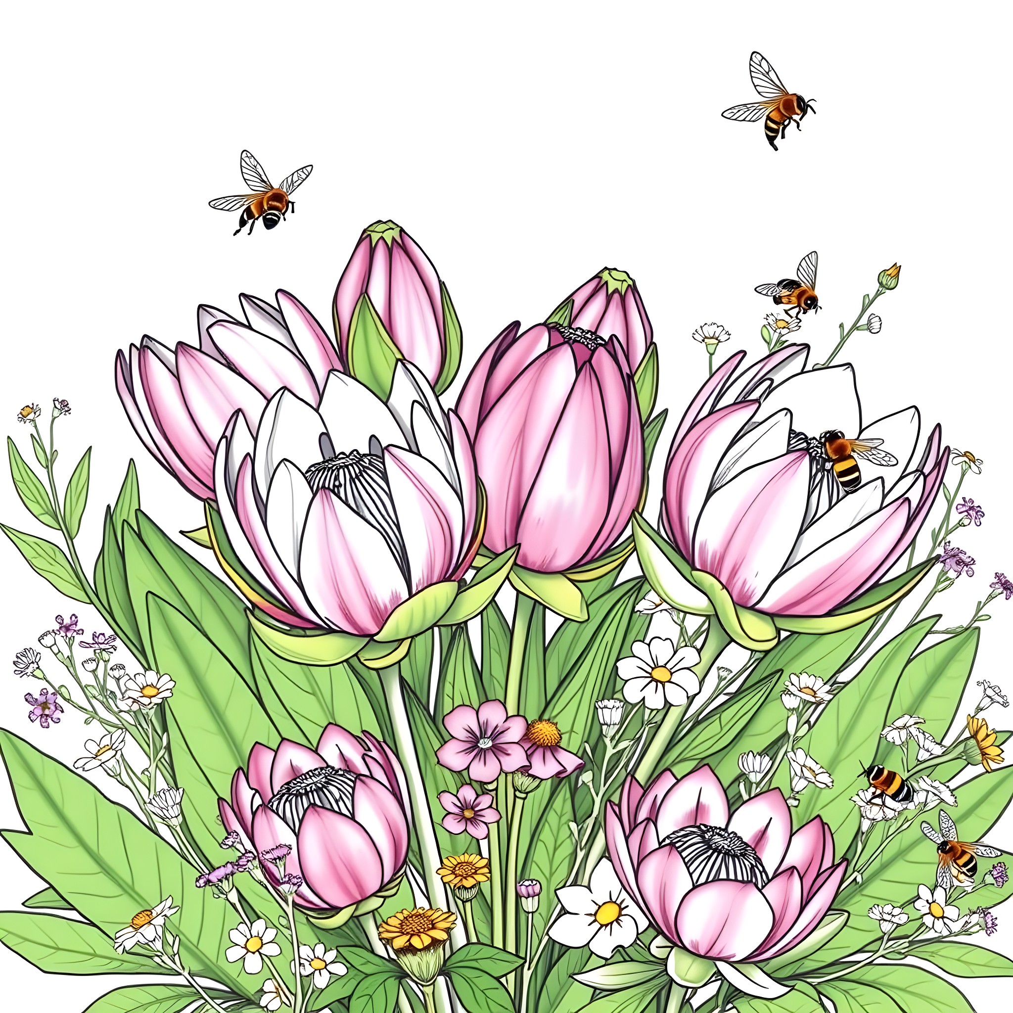 Protea flowers and buzzing bees in lush botanical garden Coloring Page (free black-and-white line drawing printable PDF for all, from beginners to advanced learners, including children, teens, adults, and seniors)