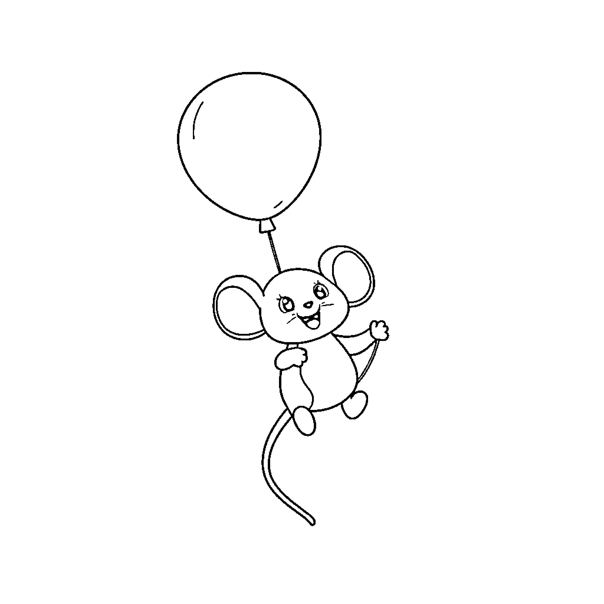 Mouse floating joyfully with balloon Coloring Page (free black-and-white line drawing printable PDF for all, from beginners to advanced learners, including children, teens, adults, and seniors)