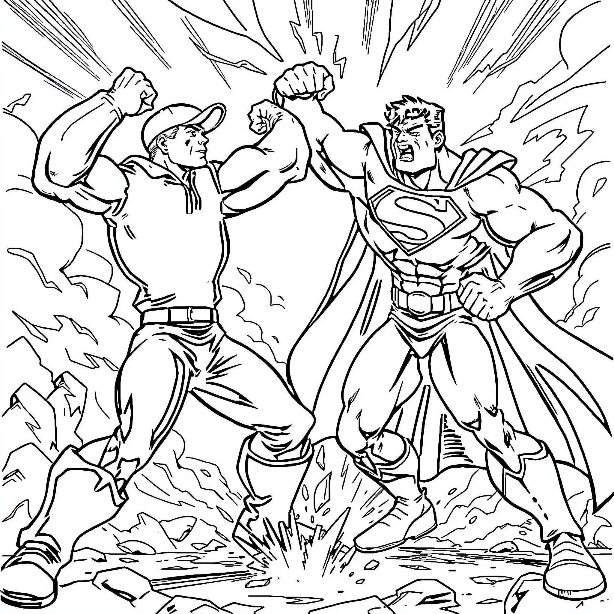 Popeye and Superman engage in an epic battle Coloring Page (free black-and-white line drawing printable PDF for all, from beginners to advanced learners, including children, teens, adults, and seniors)