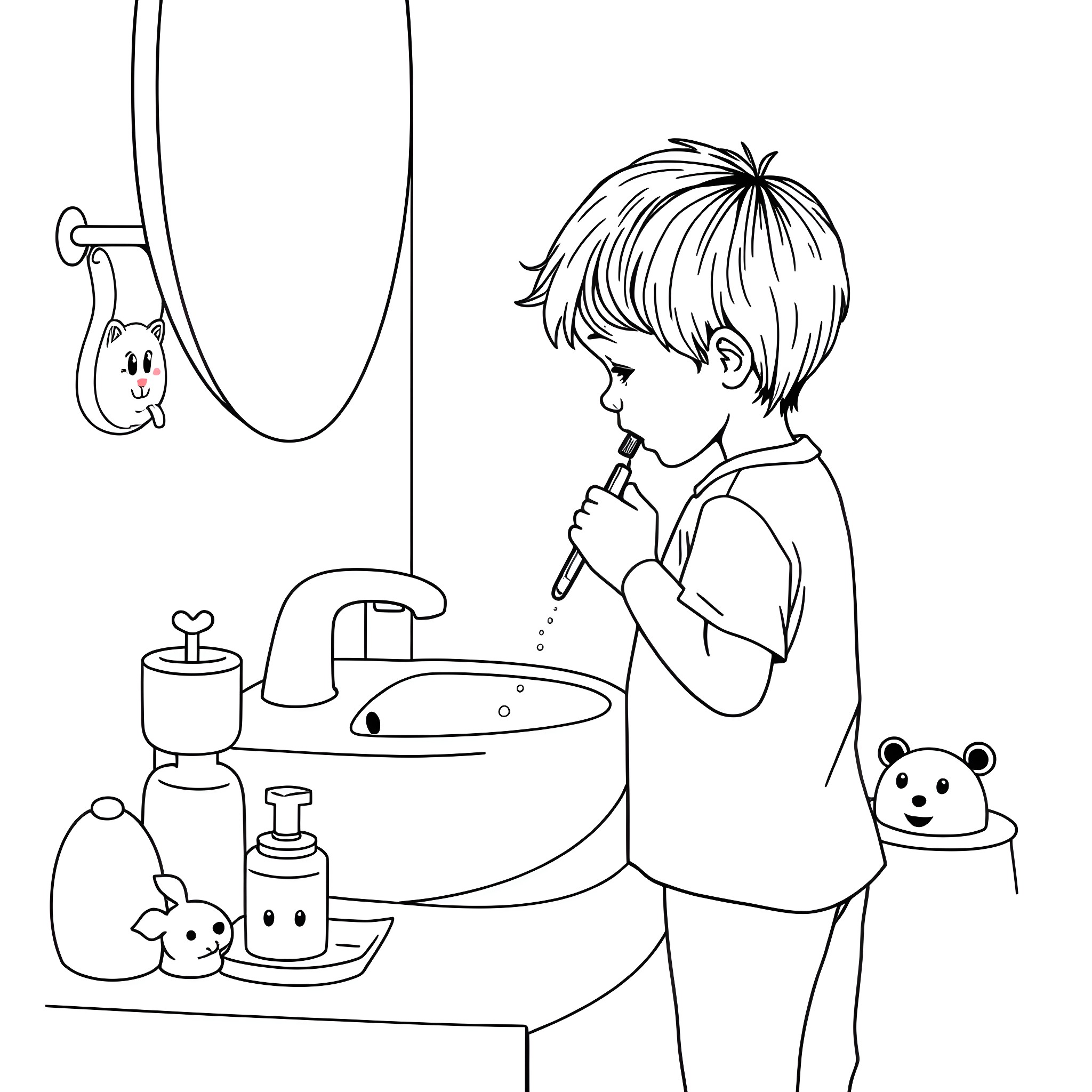 Child brushing teeth in bathroom with toys Coloring Page (free black-and-white line drawing printable PDF for all, from beginners to advanced learners, including children, teens, adults, and seniors)