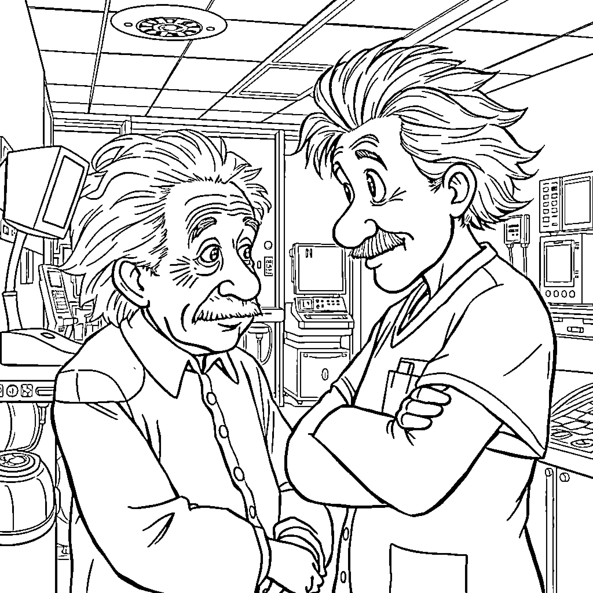Einstein's Whimsical Encounter in the Laboratory Coloring Page (free black-and-white line drawing printable PDF for all, from beginners to advanced learners, including children, teens, adults, and seniors)