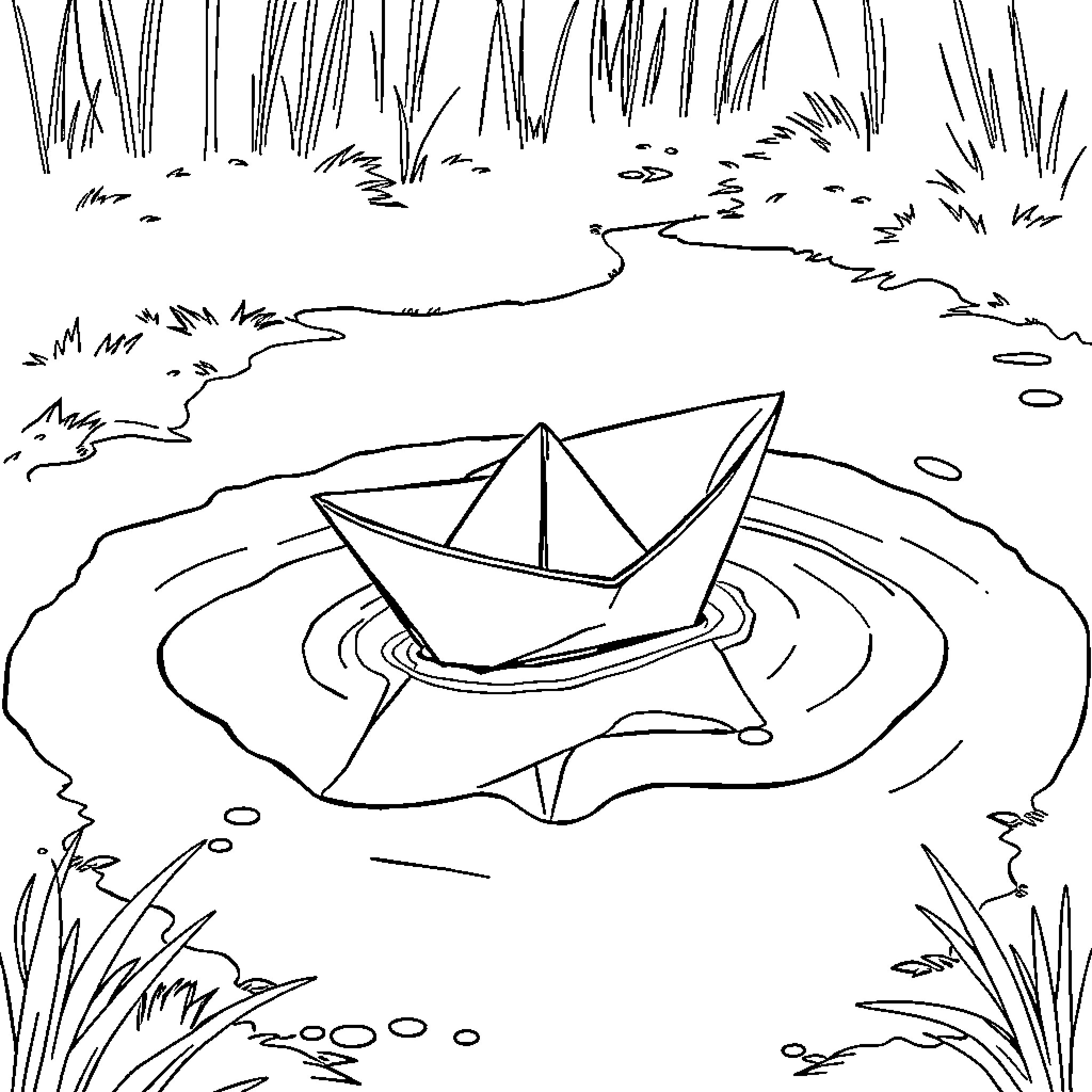 Boat floating on serene pond in nature Coloring Page (free black-and-white line drawing printable PDF for all, from beginners to advanced learners, including children, teens, adults, and seniors)