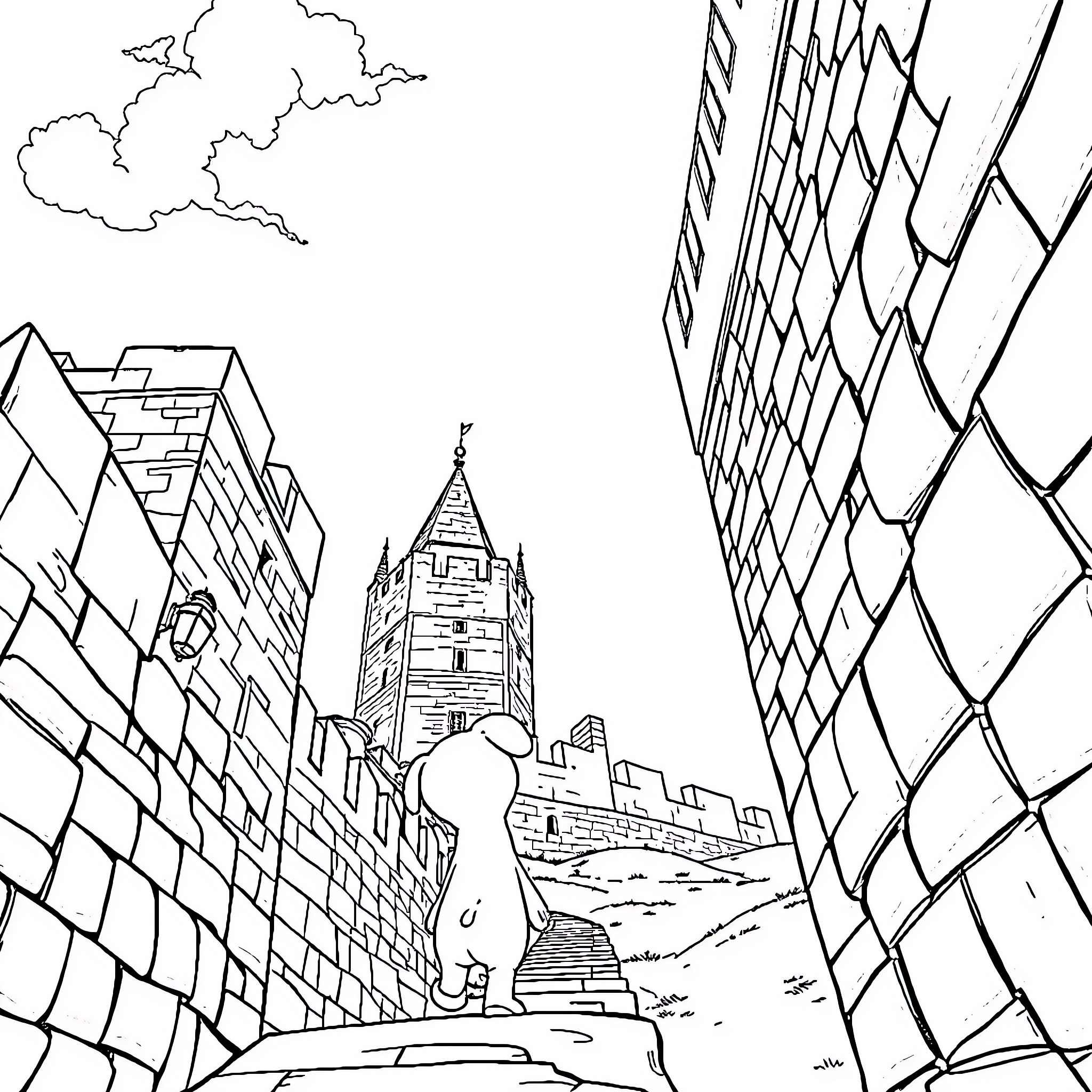 Bluey's Cityscape Adventure Coloring Page (free black-and-white line drawing printable PDF for all, from beginners to advanced learners, including children, teens, adults, and seniors)