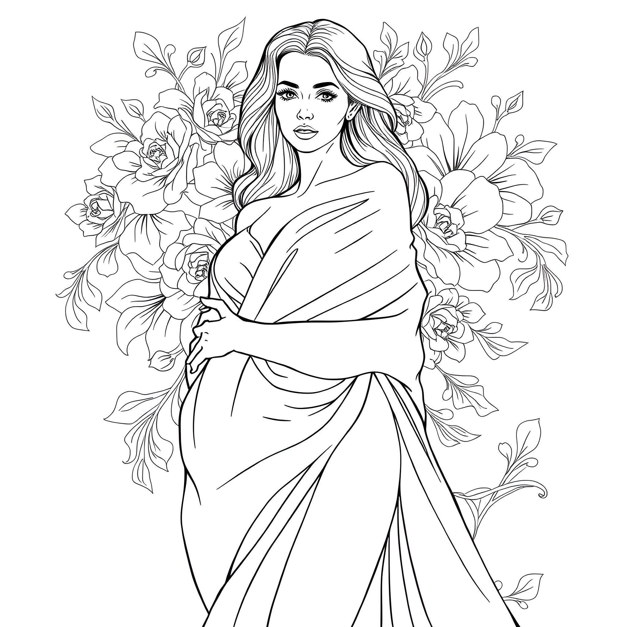 Woman wrapped in blanket amidst floral background Coloring Page (free black-and-white line drawing printable PDF for all, from beginners to advanced learners, including children, teens, adults, and seniors)