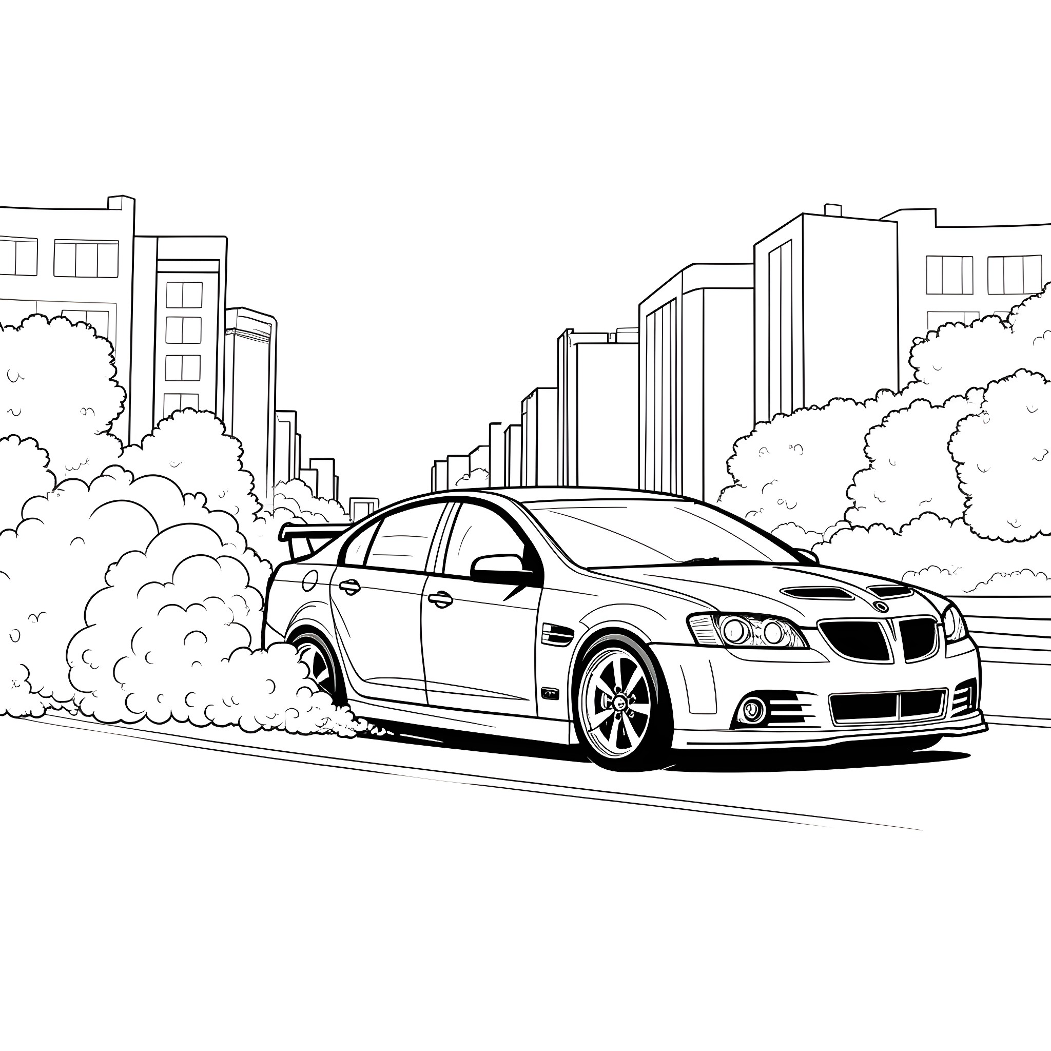 Pontiac sports car in the city Coloring Page (free black-and-white line drawing printable PDF for all, from beginners to advanced learners, including children, teens, adults, and seniors)