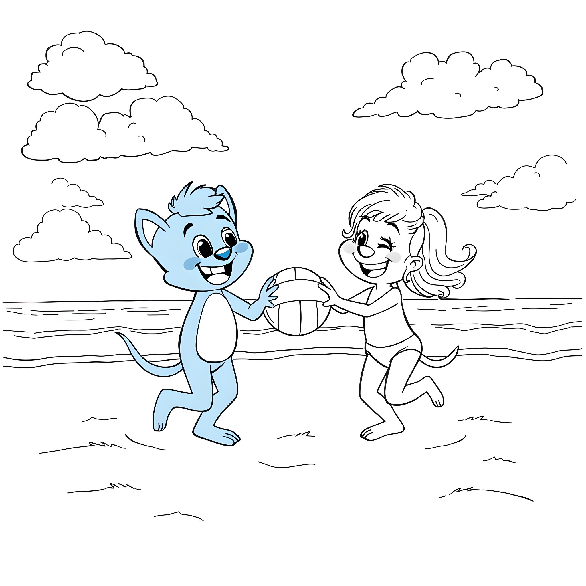 Bluey and friend playing with a ball on the beach Coloring Page (free black-and-white line drawing printable PDF for all, from beginners to advanced learners, including children, teens, adults, and seniors)