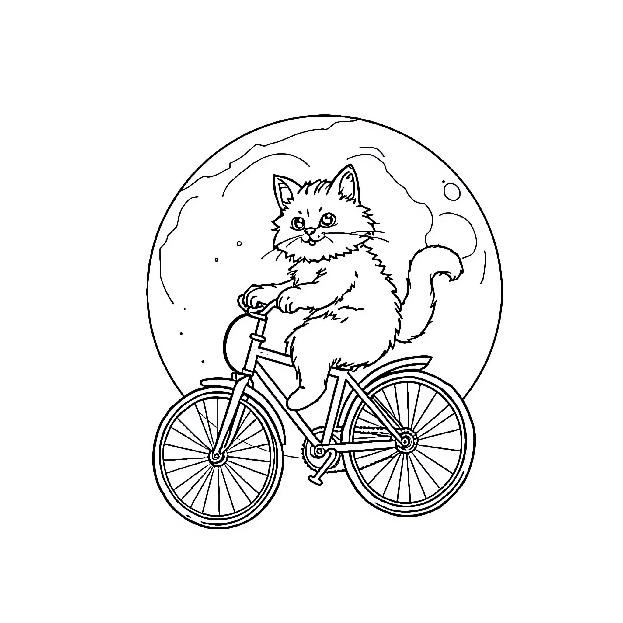 Cat riding a bicycle under the moon Coloring Page (free black-and-white line drawing printable PDF for all, from beginners to advanced learners, including children, teens, adults, and seniors)