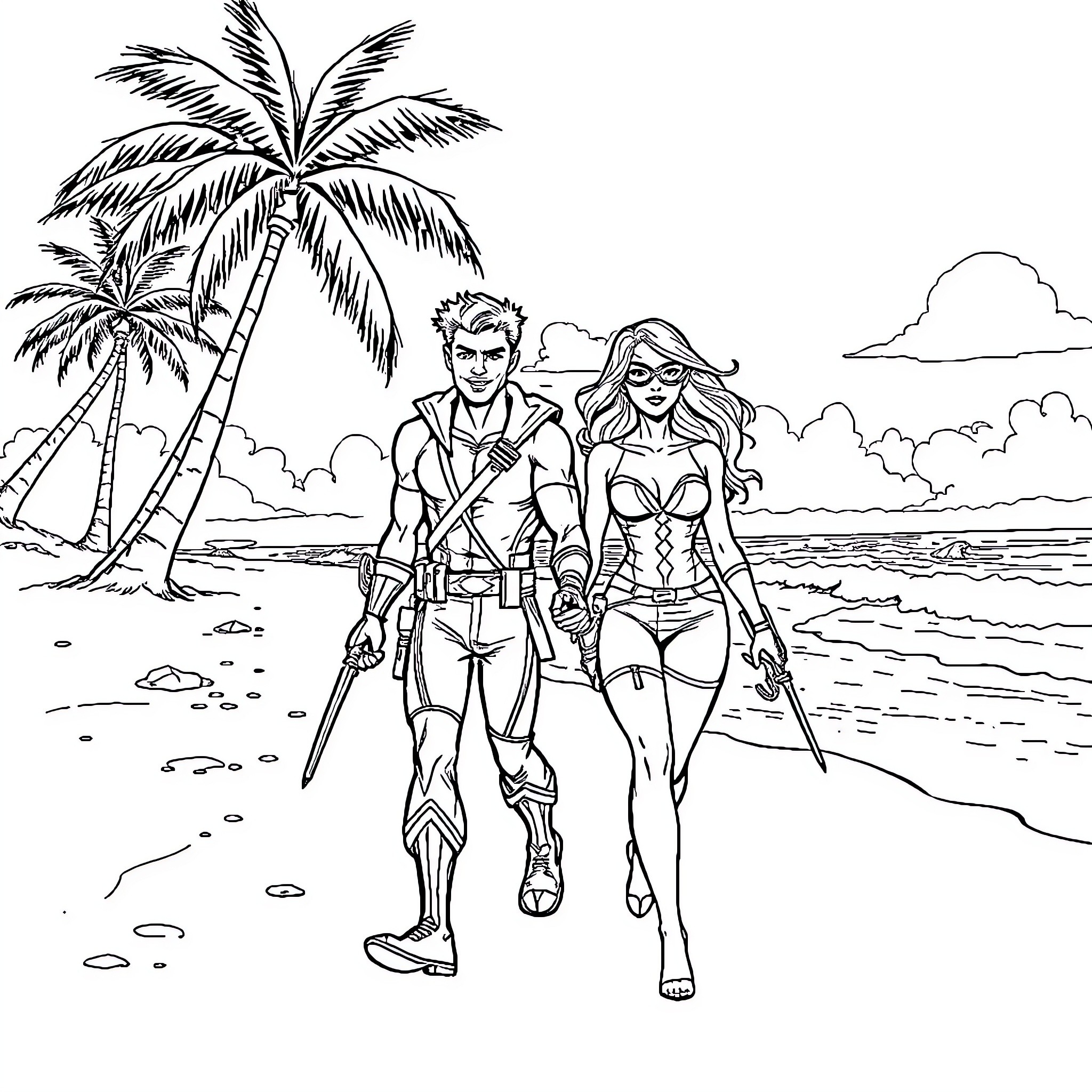 Gambit's Tropical Adventure with Mysterious Woman Coloring Page (free black-and-white line drawing printable PDF for all, from beginners to advanced learners, including children, teens, adults, and seniors)