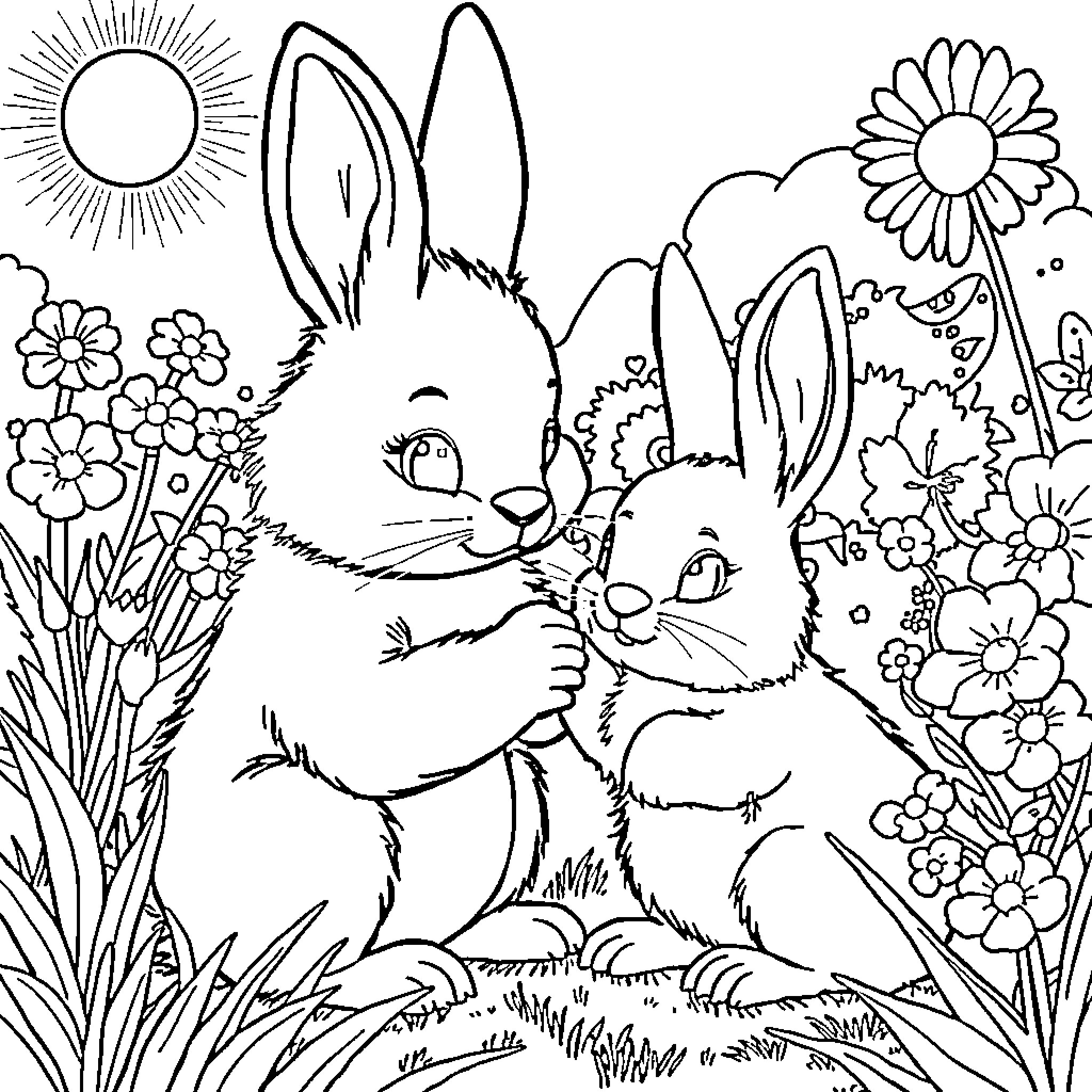 Huntrix Bunnies in Floral Meadow Coloring Page (free black-and-white line drawing printable PDF for all, from beginners to advanced learners, including children, teens, adults, and seniors)