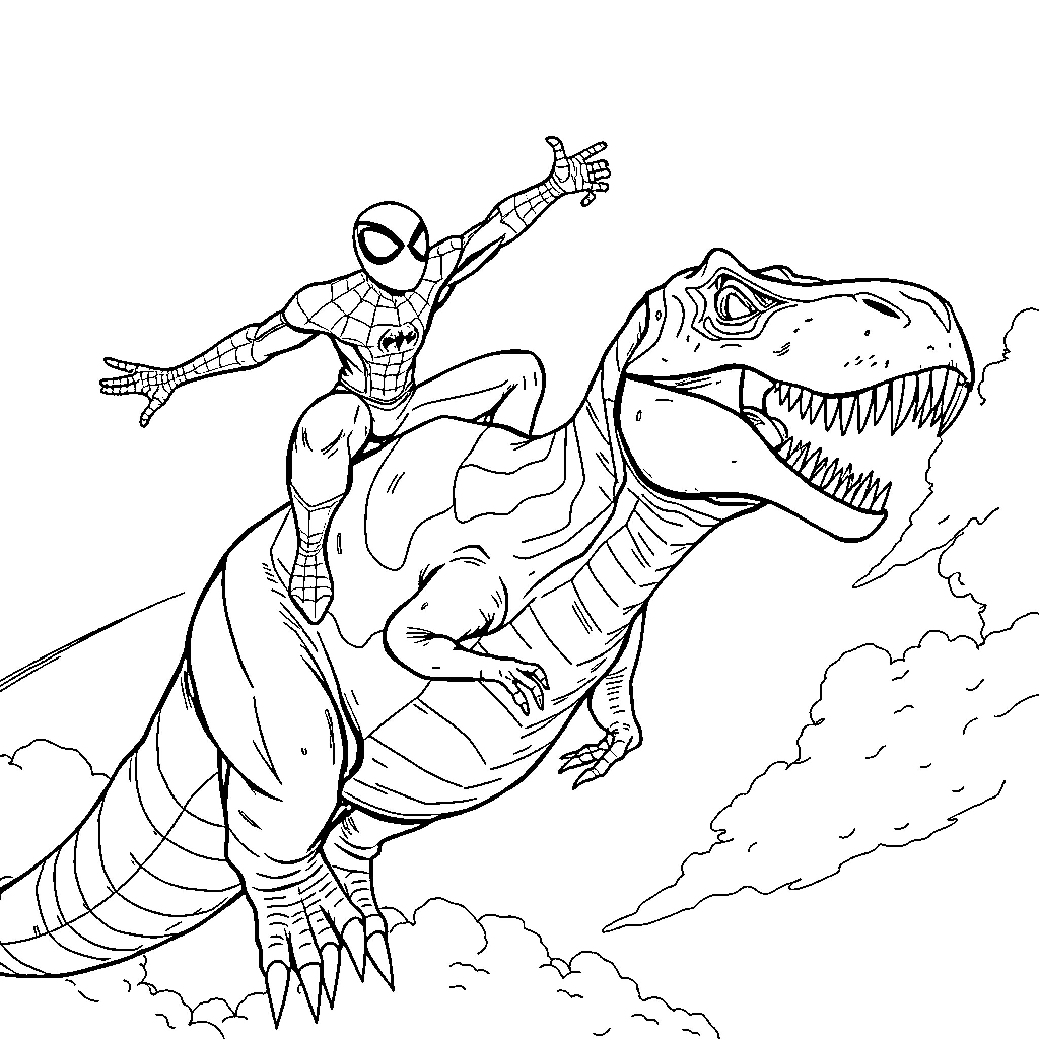 Spiderman swinging heroically over a ferocious dinosaur Coloring Page (free black-and-white line drawing printable PDF for all, from beginners to advanced learners, including children, teens, adults, and seniors)