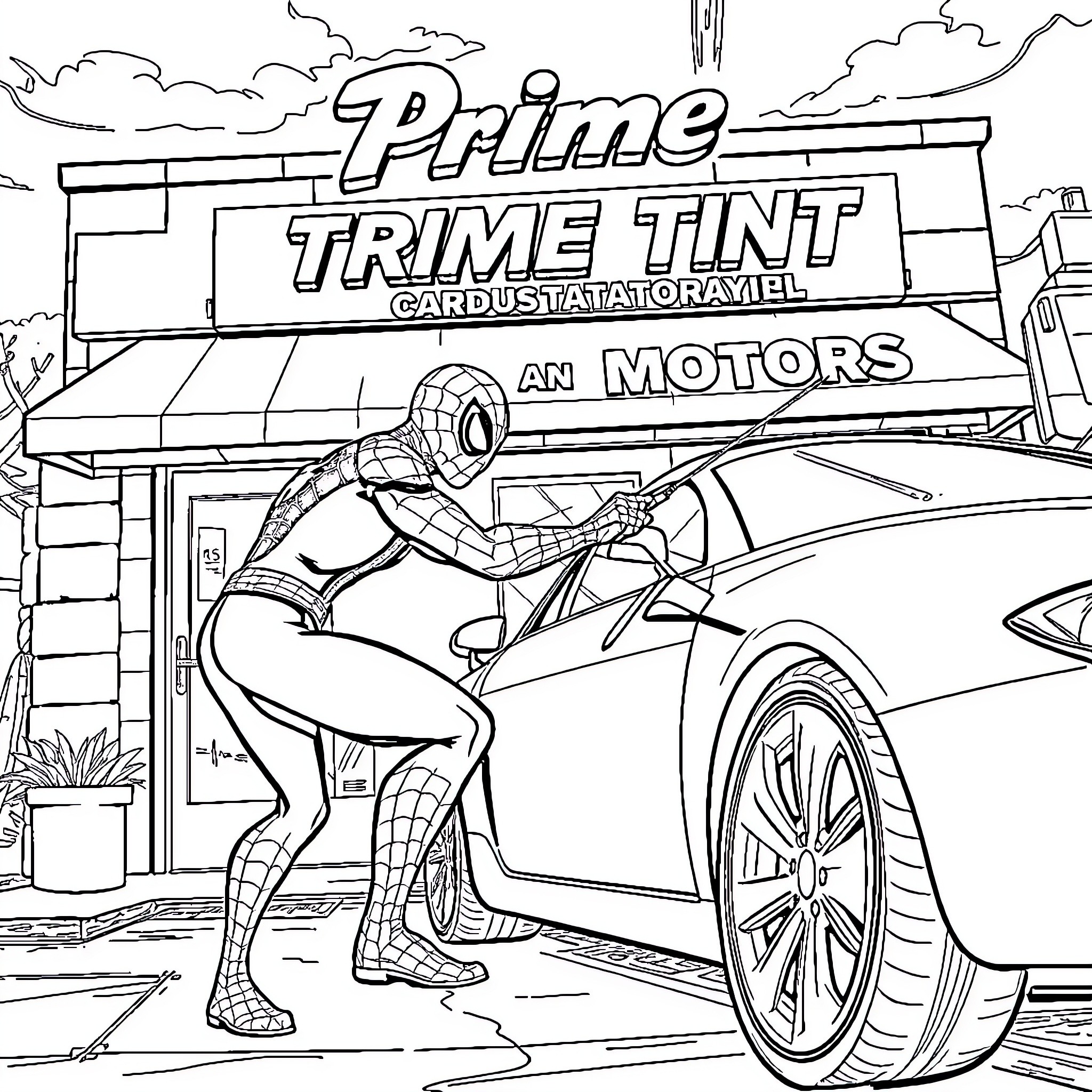Spider-Man visiting an auto shop for tinting Coloring Page (free black-and-white line drawing printable PDF for all, from beginners to advanced learners, including children, teens, adults, and seniors)