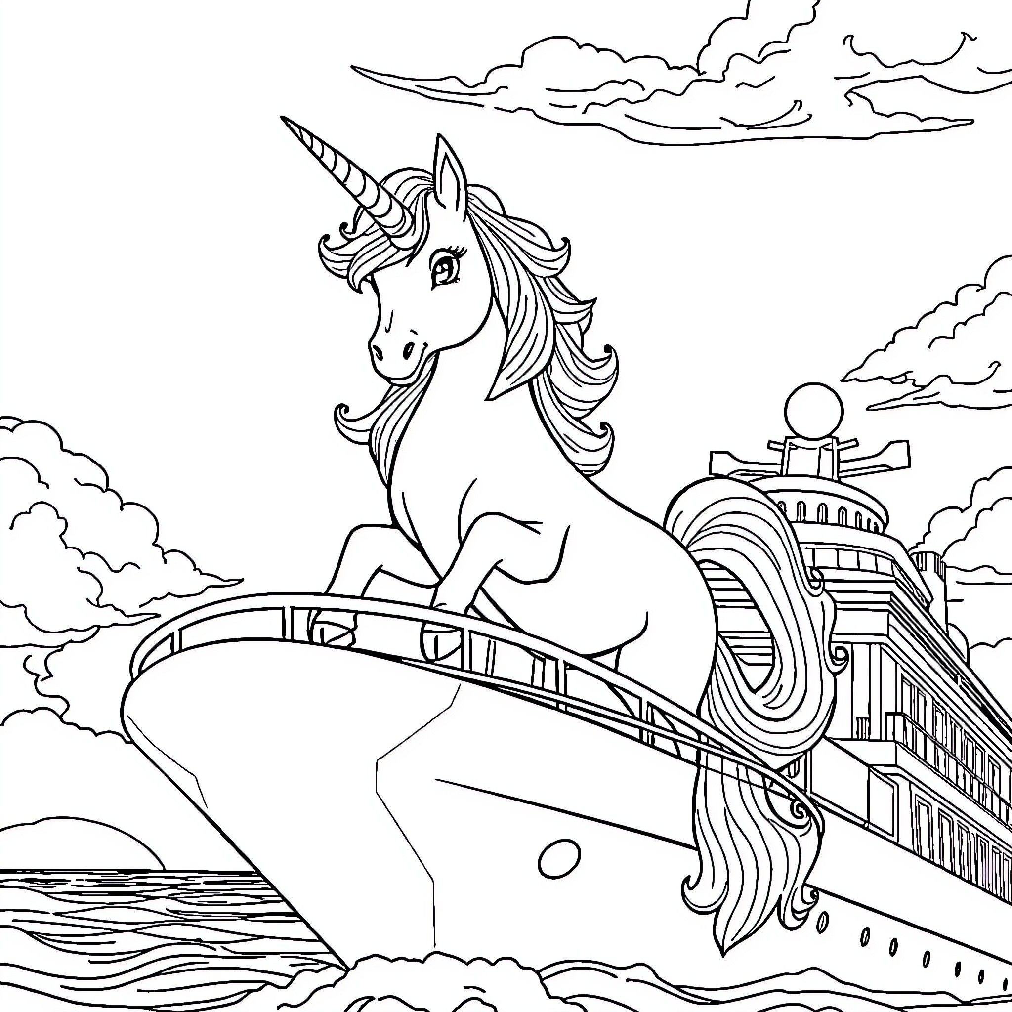Unicorn riding on a fantastical ship at sea Coloring Page (free black-and-white line drawing printable PDF for all, from beginners to advanced learners, including children, teens, adults, and seniors)