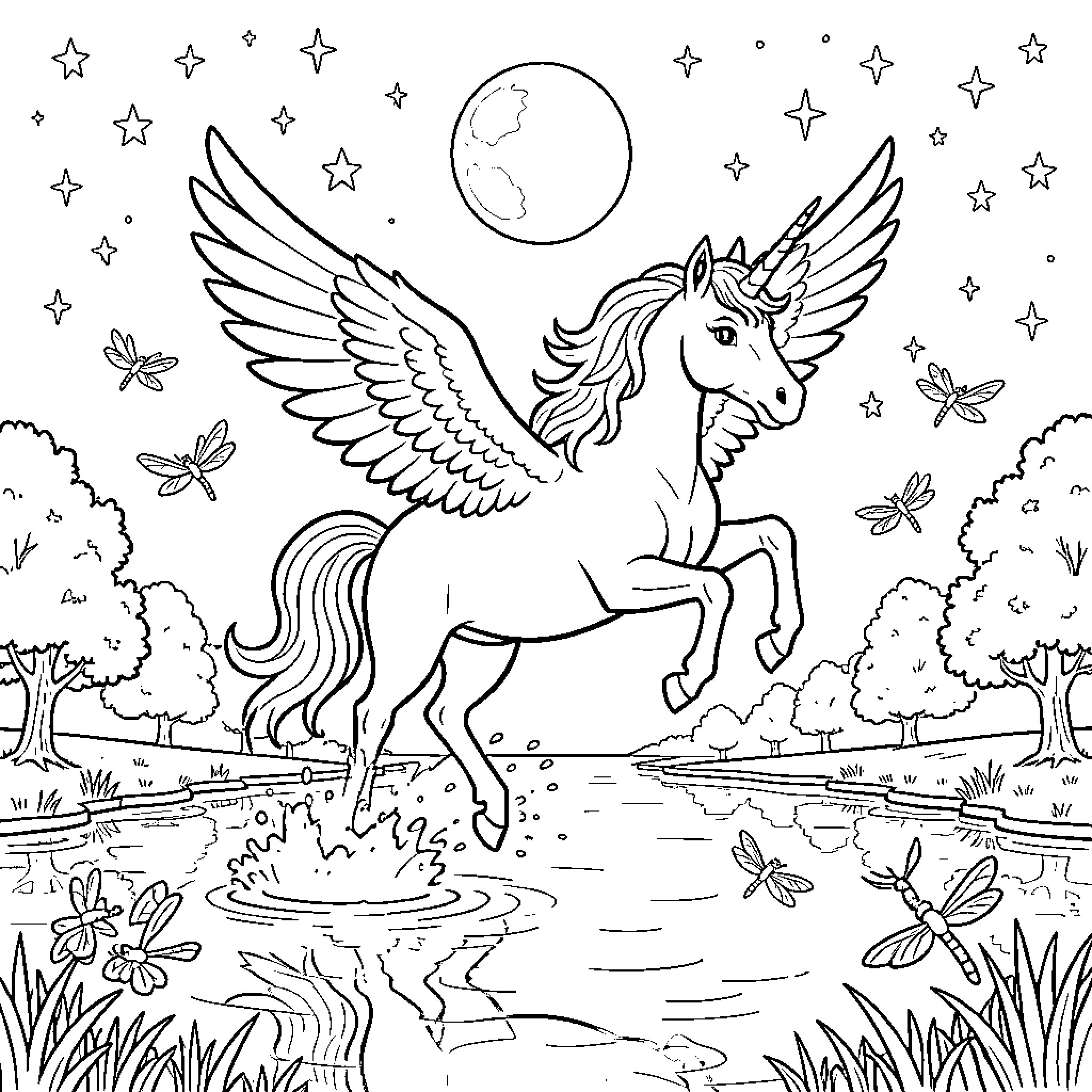 Licorne galloping through water under a starry night sky Coloring Page (free black-and-white line drawing printable PDF for all, from beginners to advanced learners, including children, teens, adults, and seniors)