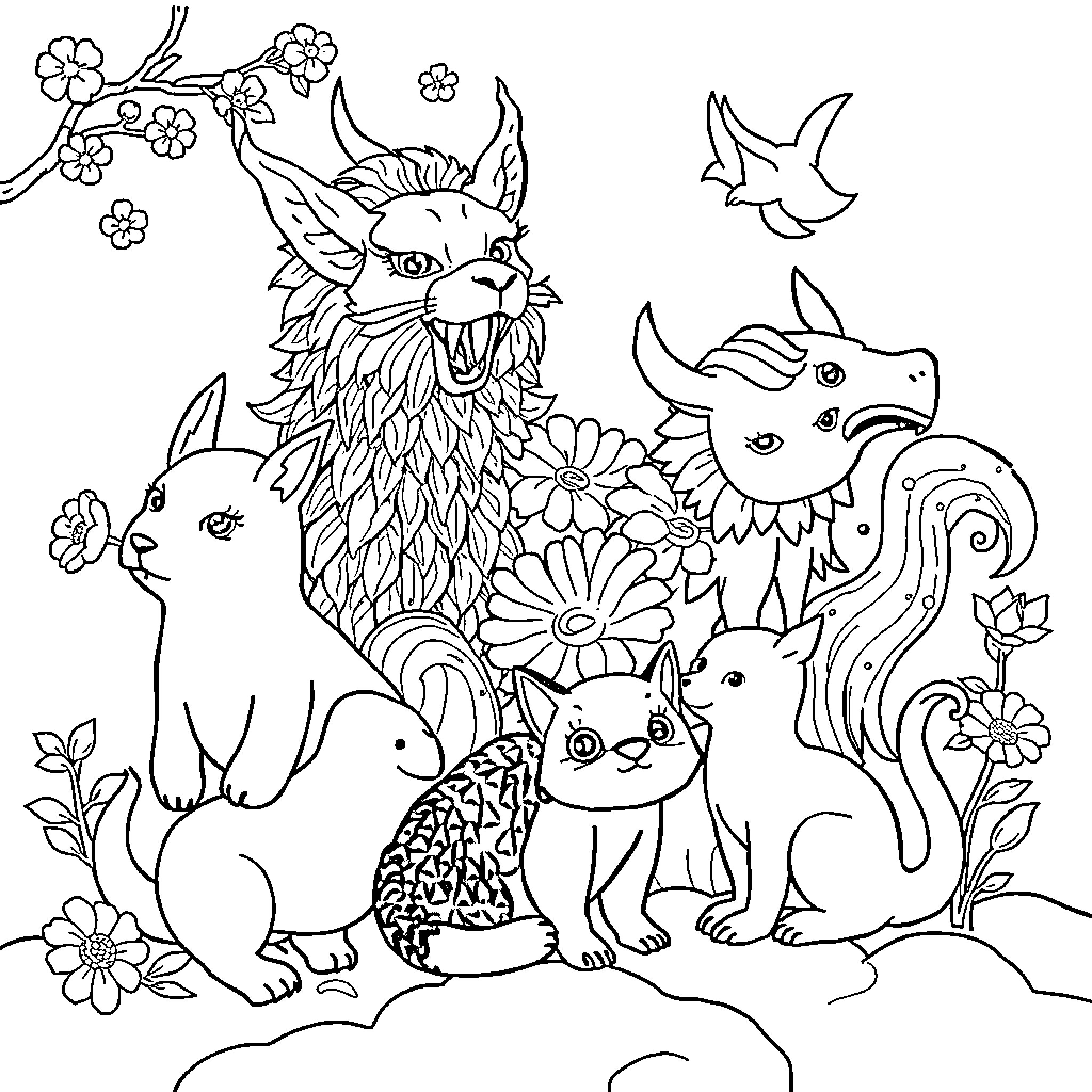 Japanese Art Animal Colorful Fantasy Creatures Coloring Page (free black-and-white line drawing printable PDF for all, from beginners to advanced learners, including children, teens, adults, and seniors)