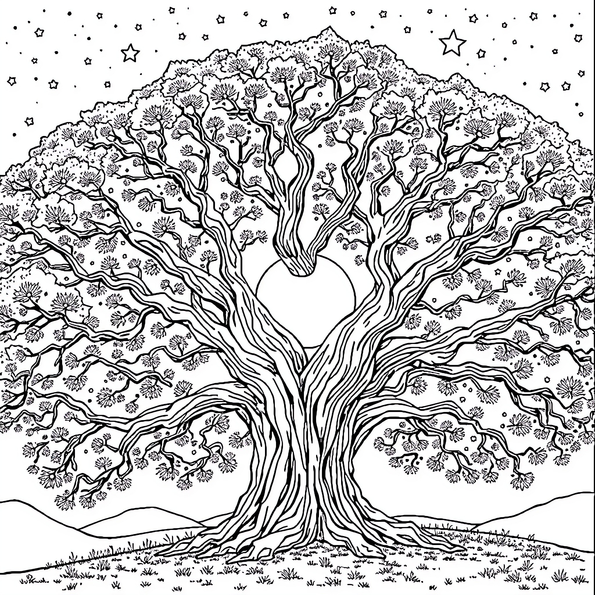 Tree of Whimsical Branches and Twinkling Stars Coloring Page (free black-and-white line drawing printable PDF for all, from beginners to advanced learners, including children, teens, adults, and seniors)