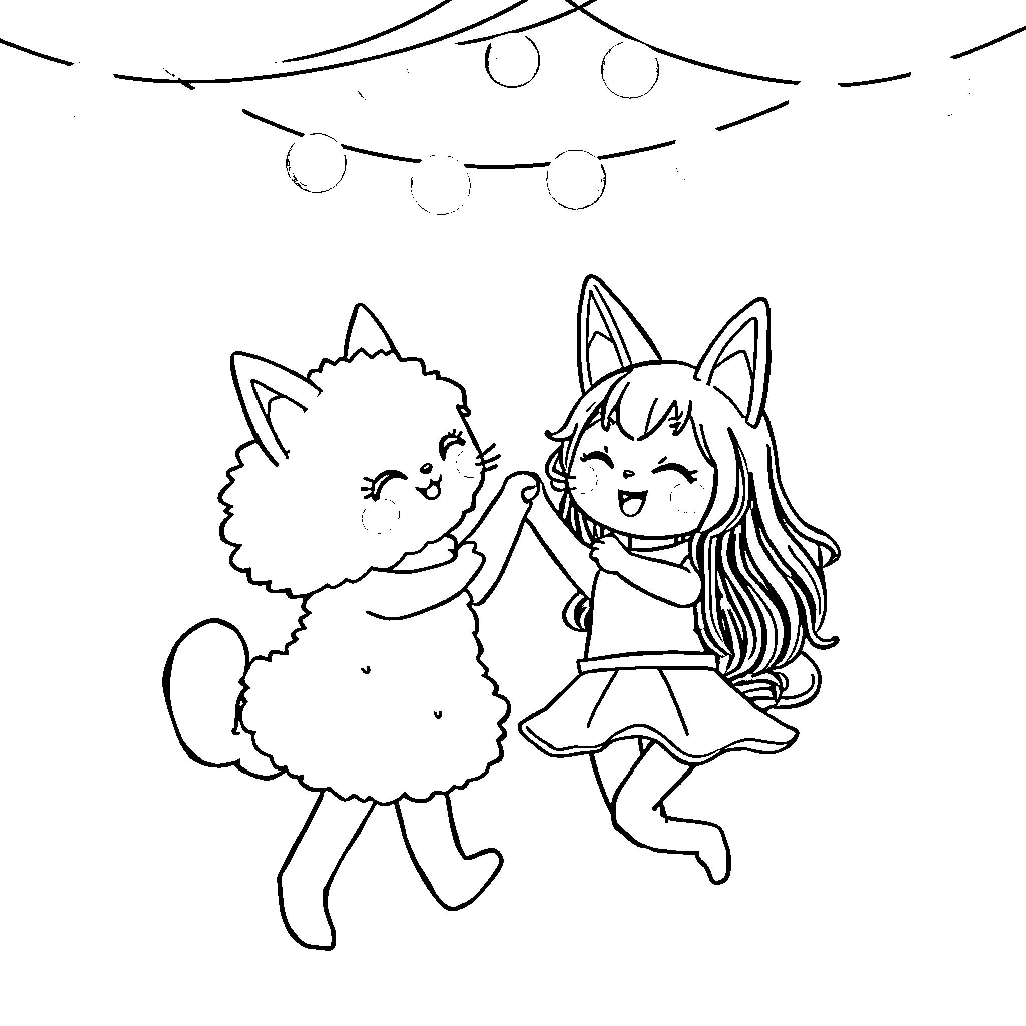 Pom Pom Purin and friend dancing happily under the lights Coloring Page (free black-and-white line drawing printable PDF for all, from beginners to advanced learners, including children, teens, adults, and seniors)