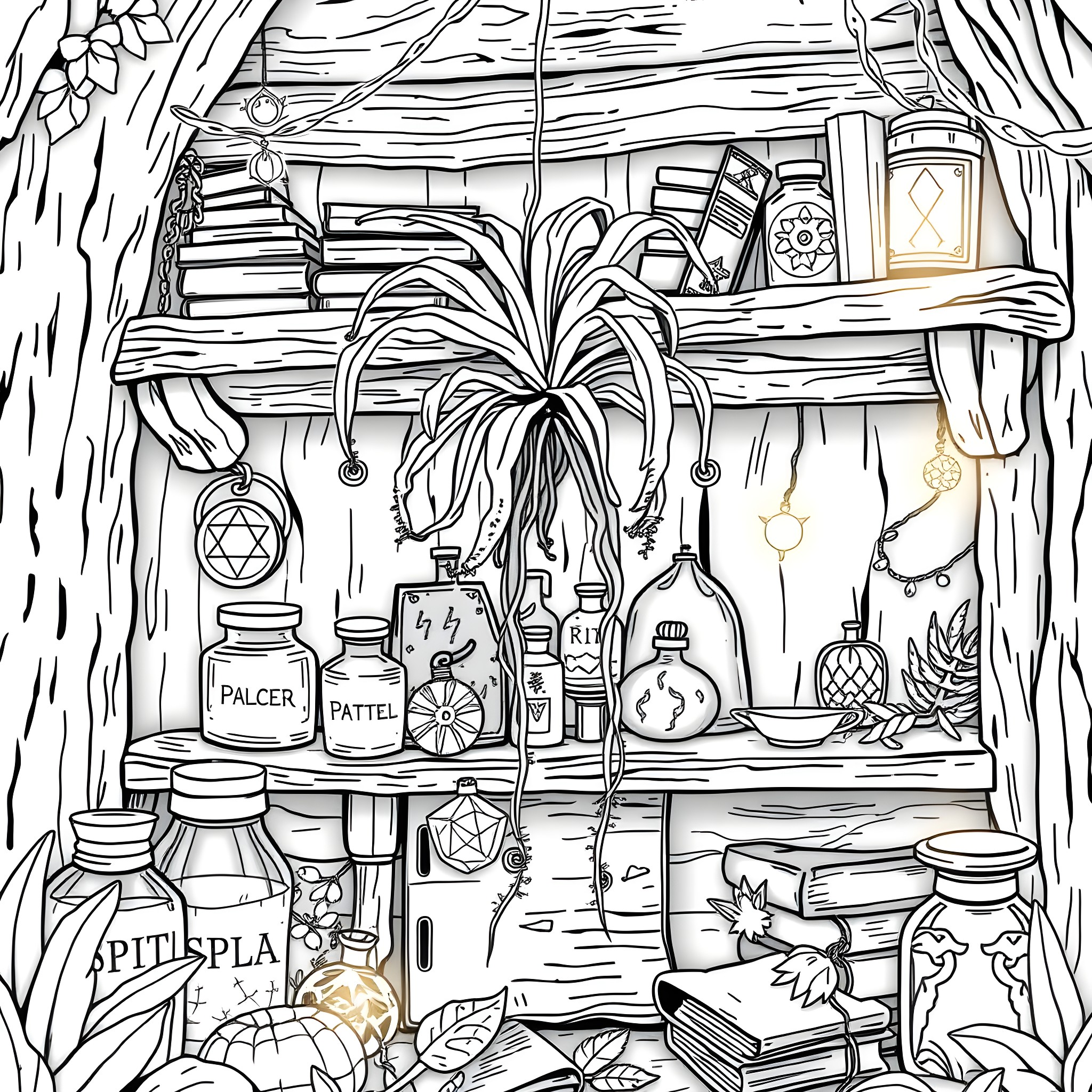 Spider Plant Shelving with Mystical Items Coloring Page (free black-and-white line drawing printable PDF for all, from beginners to advanced learners, including children, teens, adults, and seniors)