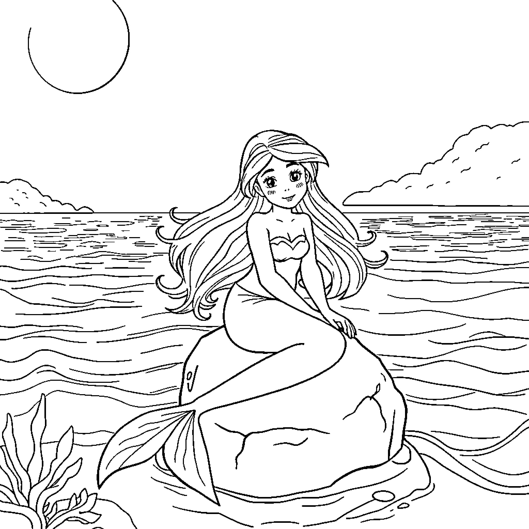 Mermaid relaxing on a rock by the sea Coloring Page (free black-and-white line drawing printable PDF for all, from beginners to advanced learners, including children, teens, adults, and seniors)