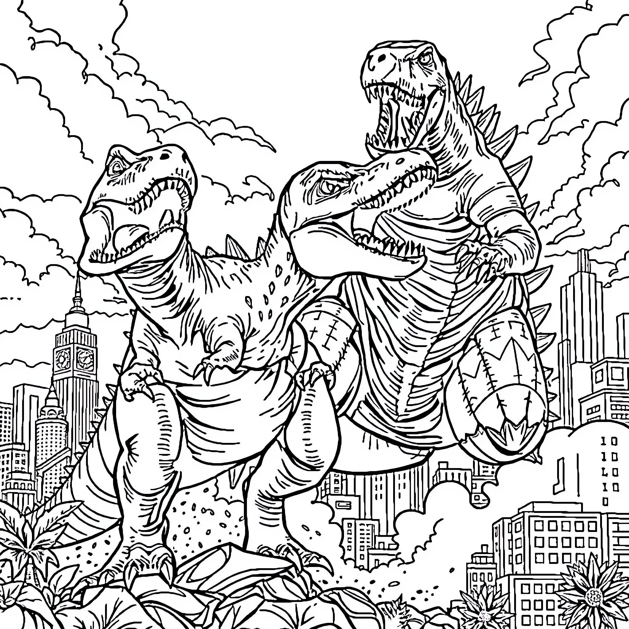 T-Rex Stomping Through the City Coloring Page (free black-and-white line drawing printable PDF for all, from beginners to advanced learners, including children, teens, adults, and seniors)
