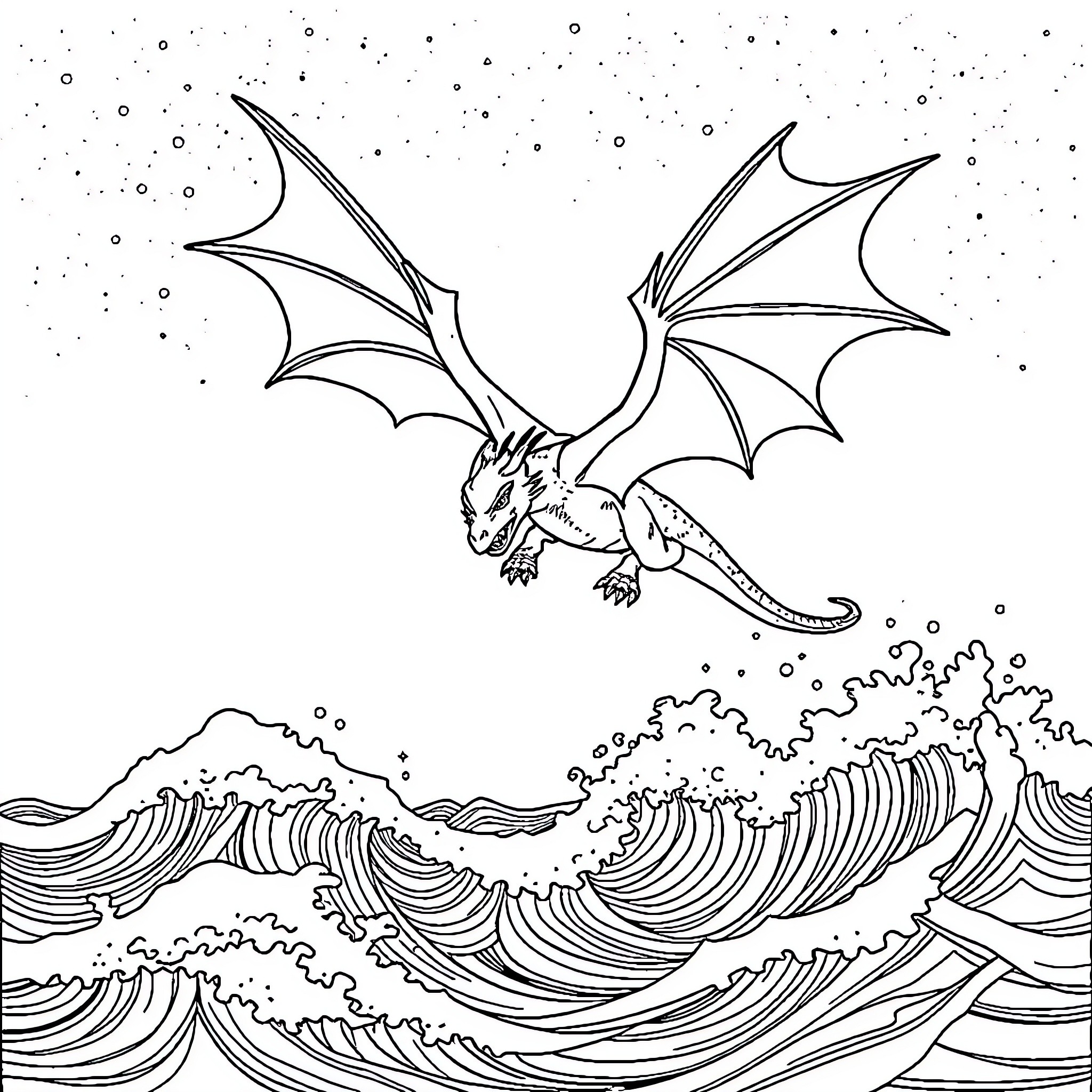 Dragon soaring over the stormy waves Coloring Page (free black-and-white line drawing printable PDF for all, from beginners to advanced learners, including children, teens, adults, and seniors)