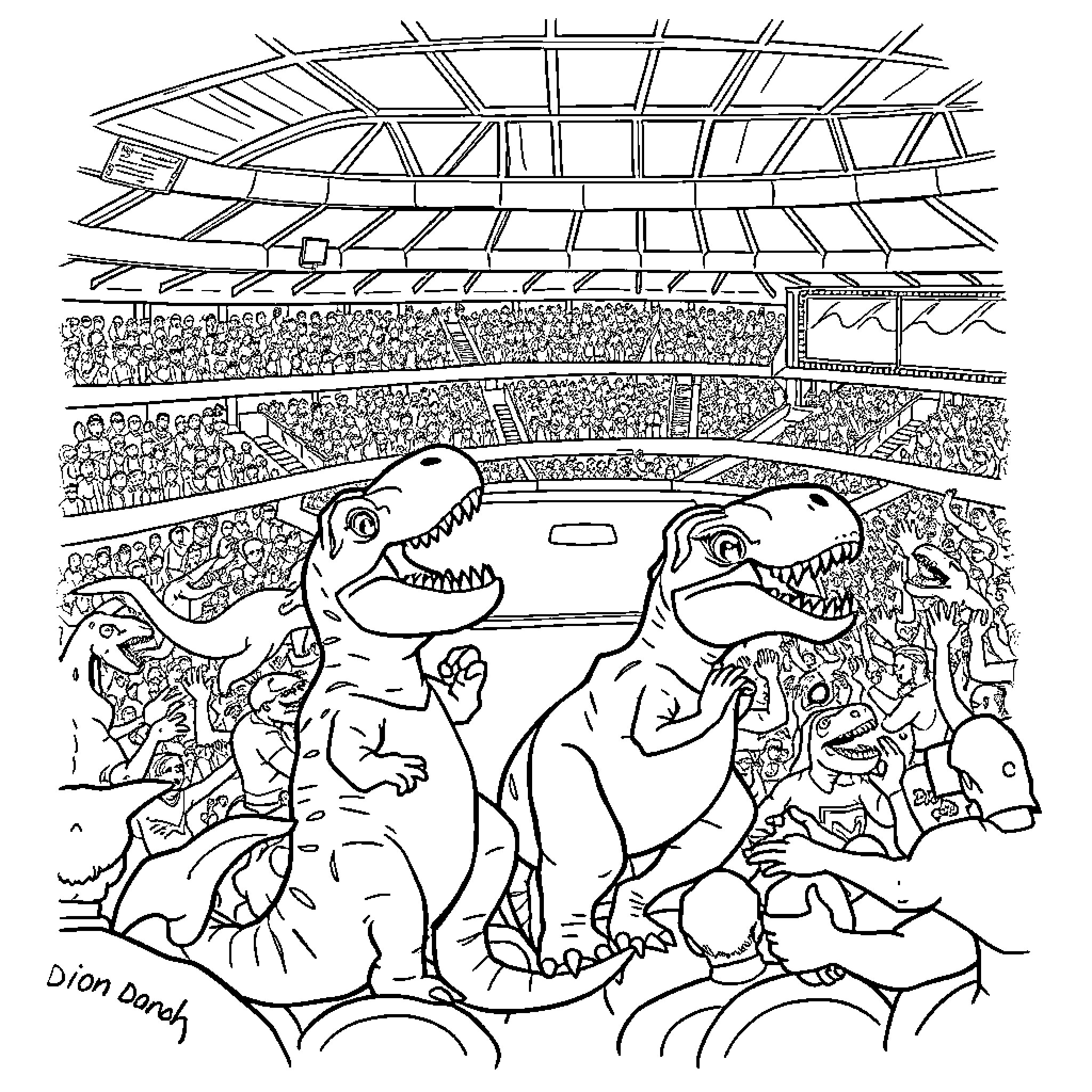 Dinosaurs Rampaging in a Stadium Coloring Page (free black-and-white line drawing printable PDF for all, from beginners to advanced learners, including children, teens, adults, and seniors)