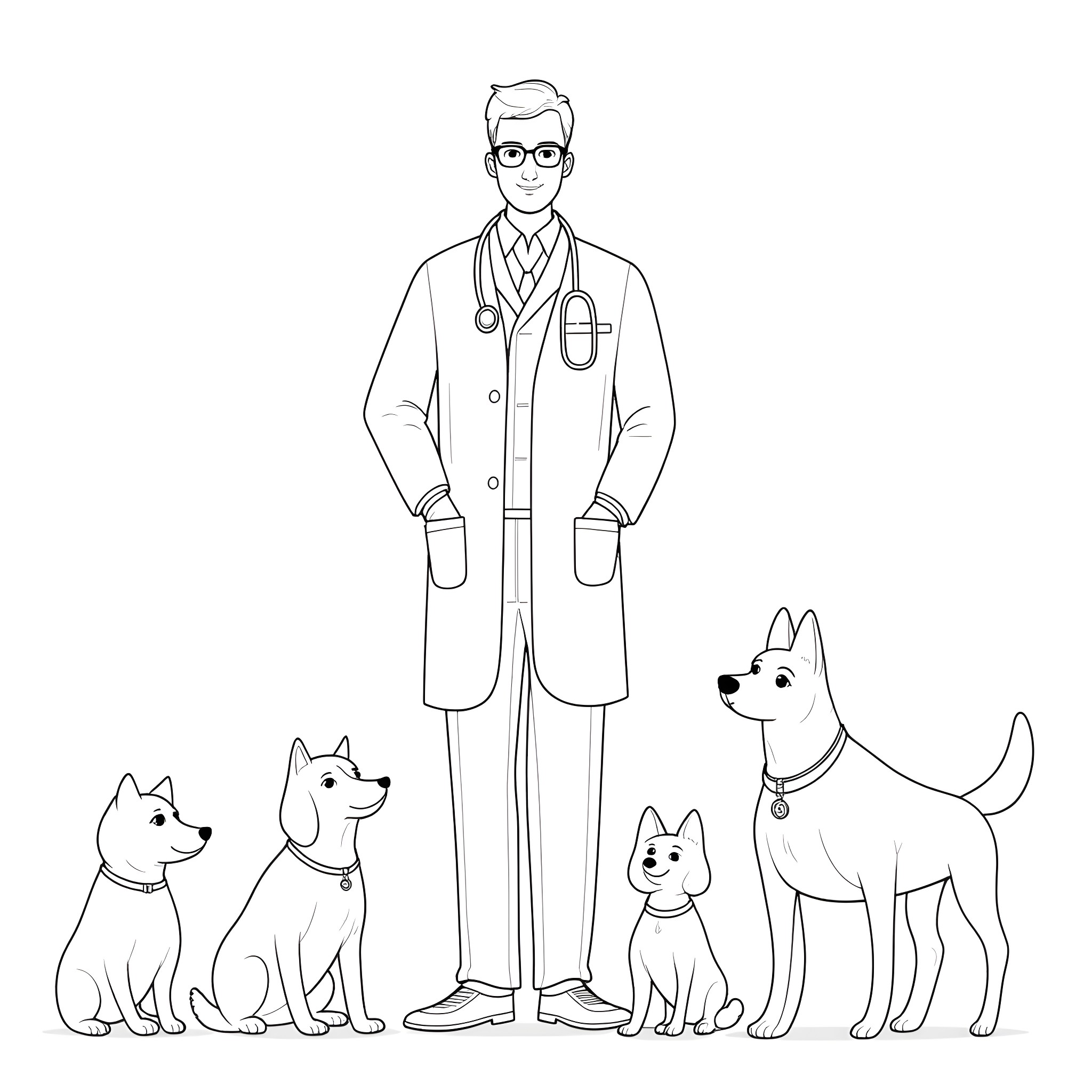 Veterinarian examining and caring for dogs Coloring Page (free black-and-white line drawing printable PDF for all, from beginners to advanced learners, including children, teens, adults, and seniors)