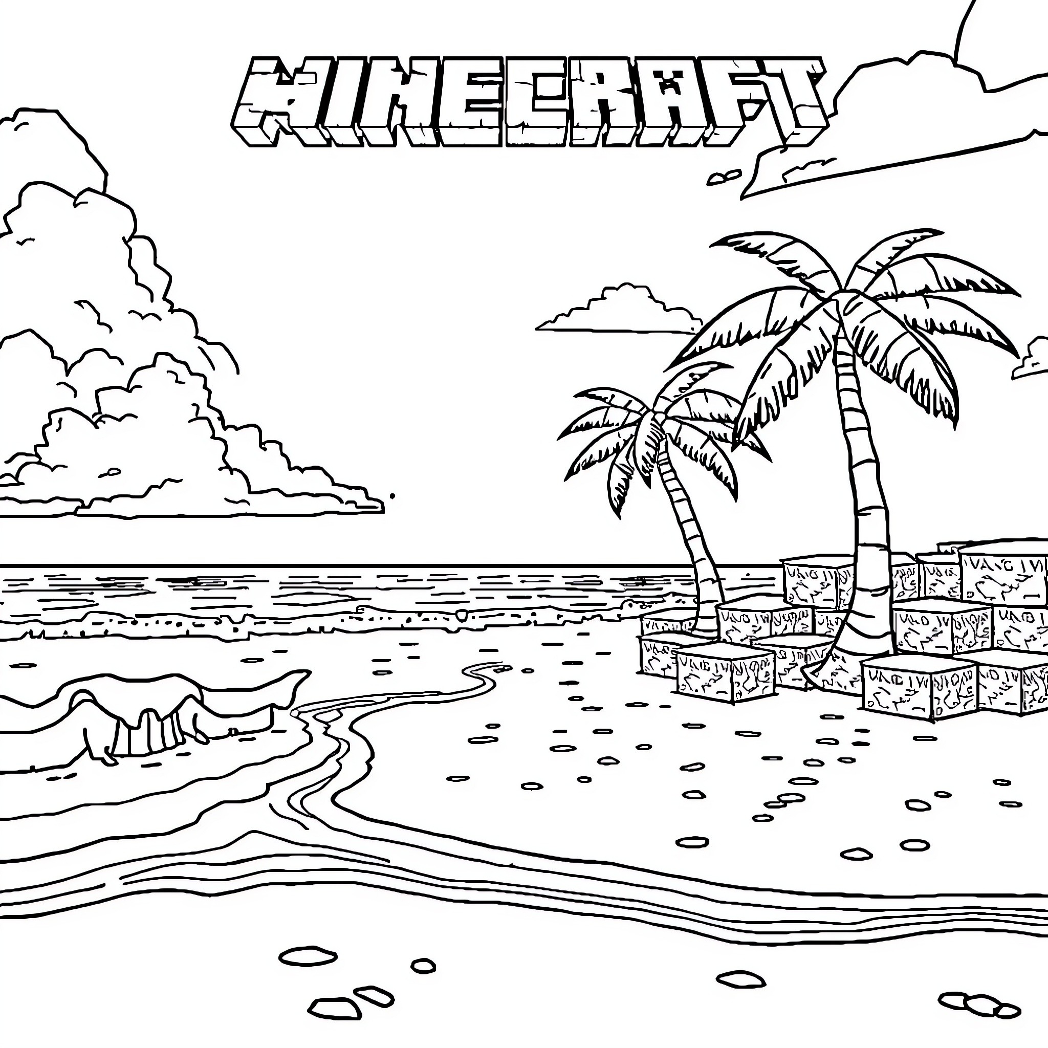 Minecraft tropical beach scene with palm tree Coloring Page (free black-and-white line drawing printable PDF for all, from beginners to advanced learners, including children, teens, adults, and seniors)