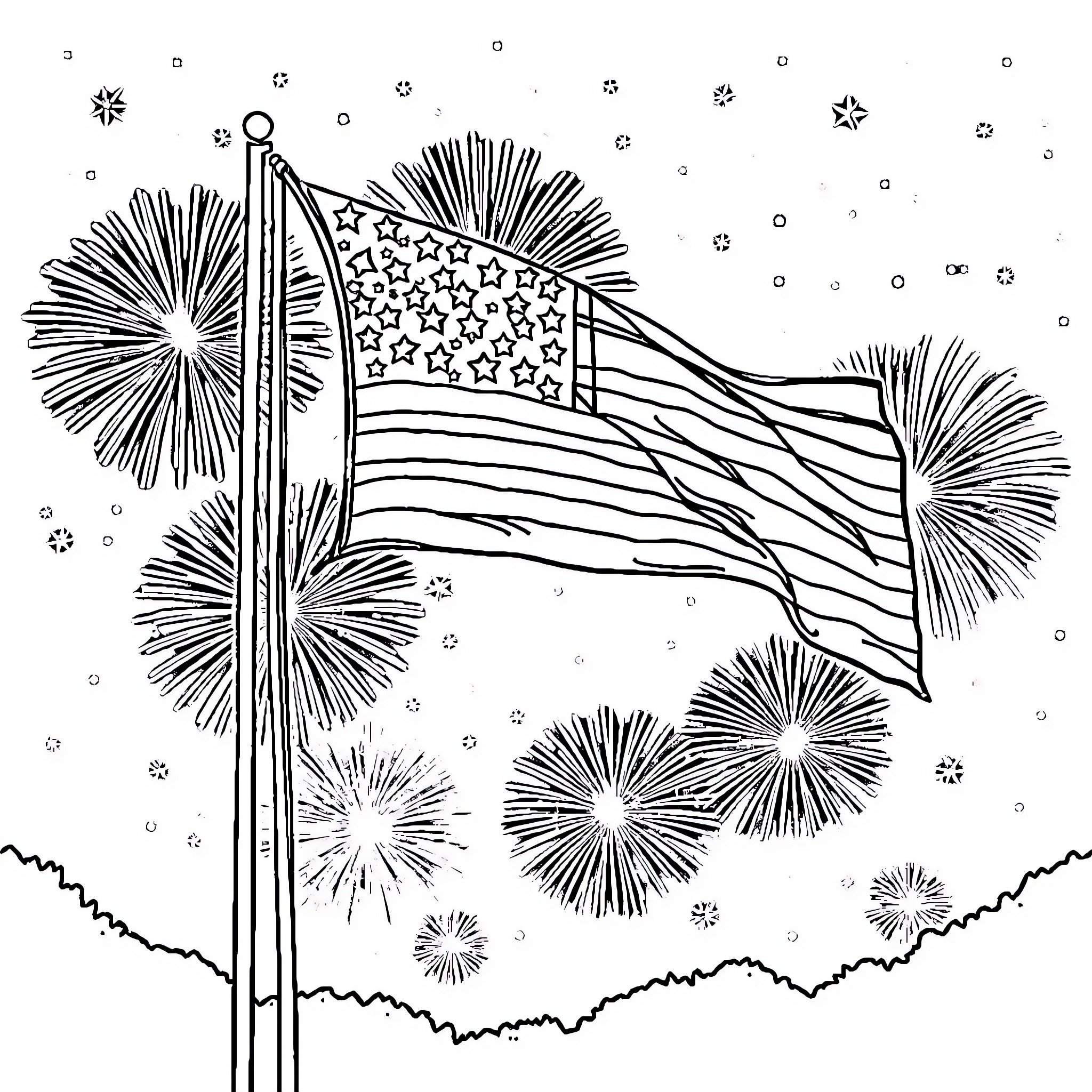 Flag waving proudly with fireworks display Coloring Page (free black-and-white line drawing printable PDF for all, from beginners to advanced learners, including children, teens, adults, and seniors)