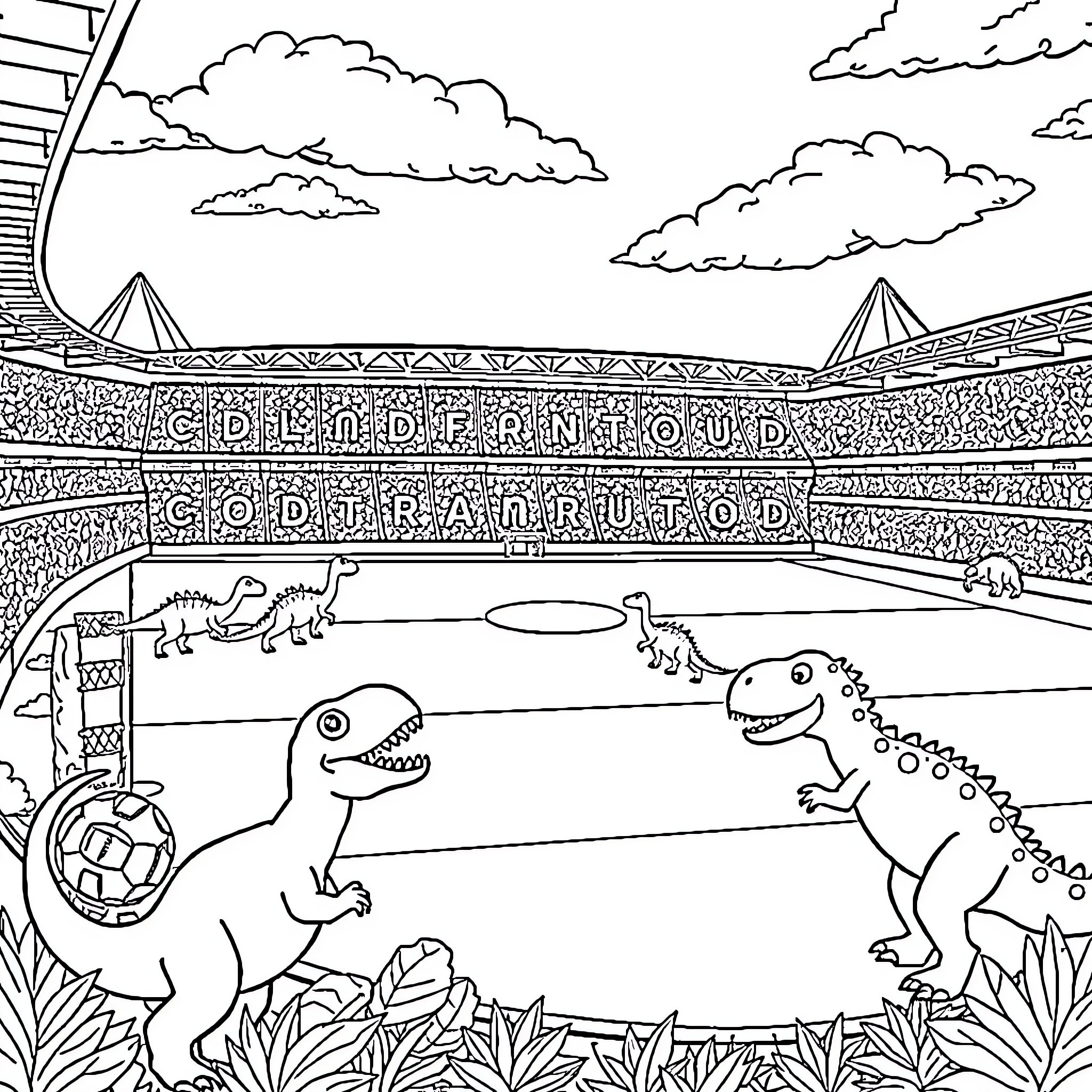 Dinosaurs Playing Soccer in the Stadium Coloring Page (free black-and-white line drawing printable PDF for all, from beginners to advanced learners, including children, teens, adults, and seniors)