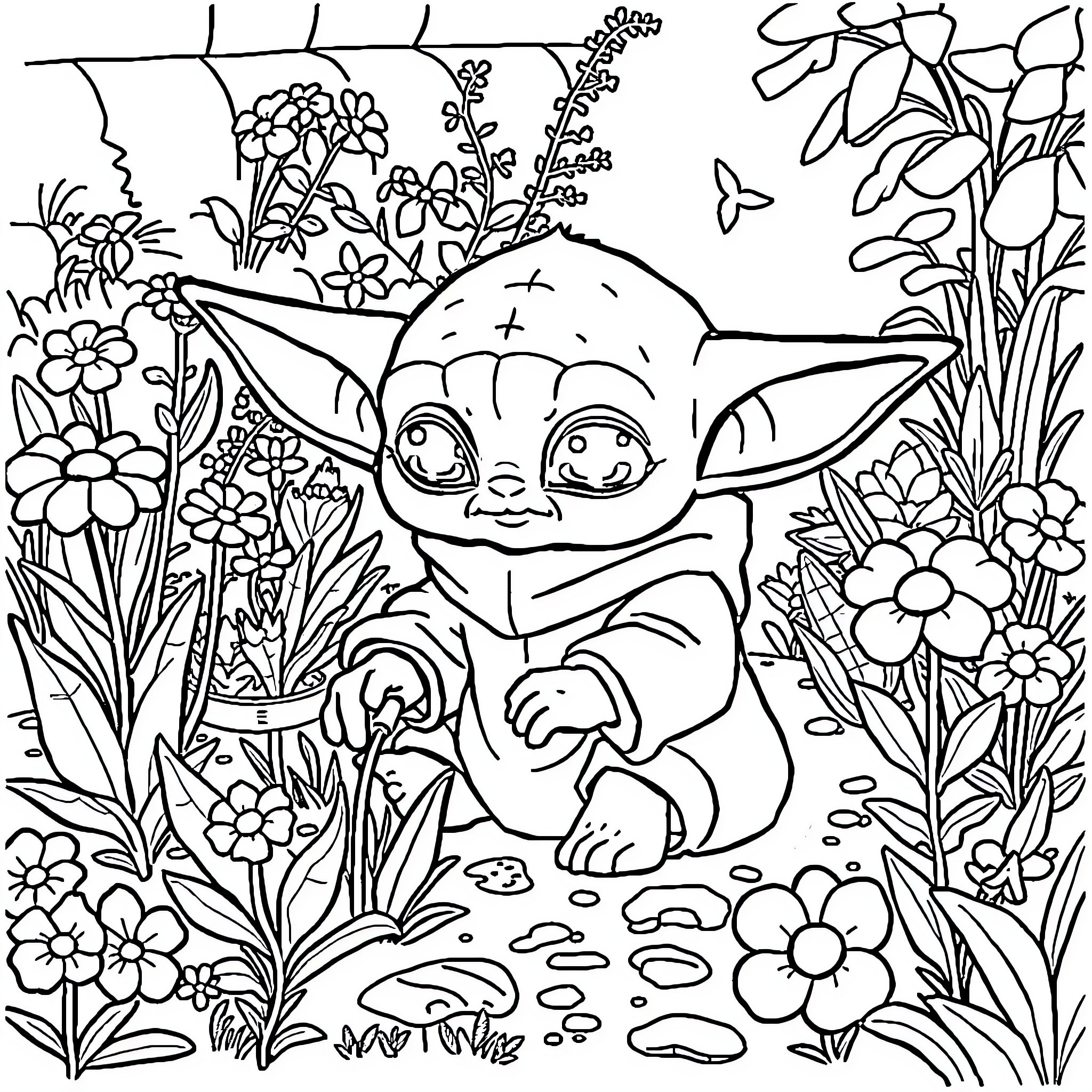 Baby Yoda playing in a floral garden Coloring Page (free black-and-white line drawing printable PDF for all, from beginners to advanced learners, including children, teens, adults, and seniors)