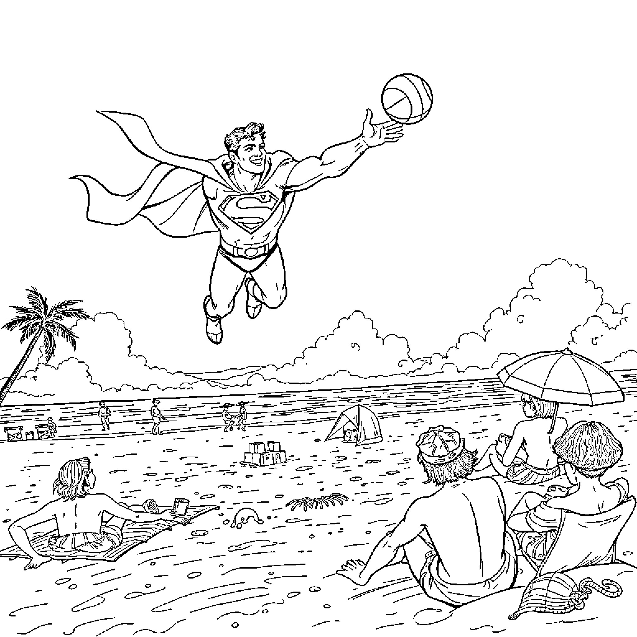 Superman soaring over a beach scene Coloring Page (free black-and-white line drawing printable PDF for all, from beginners to advanced learners, including children, teens, adults, and seniors)