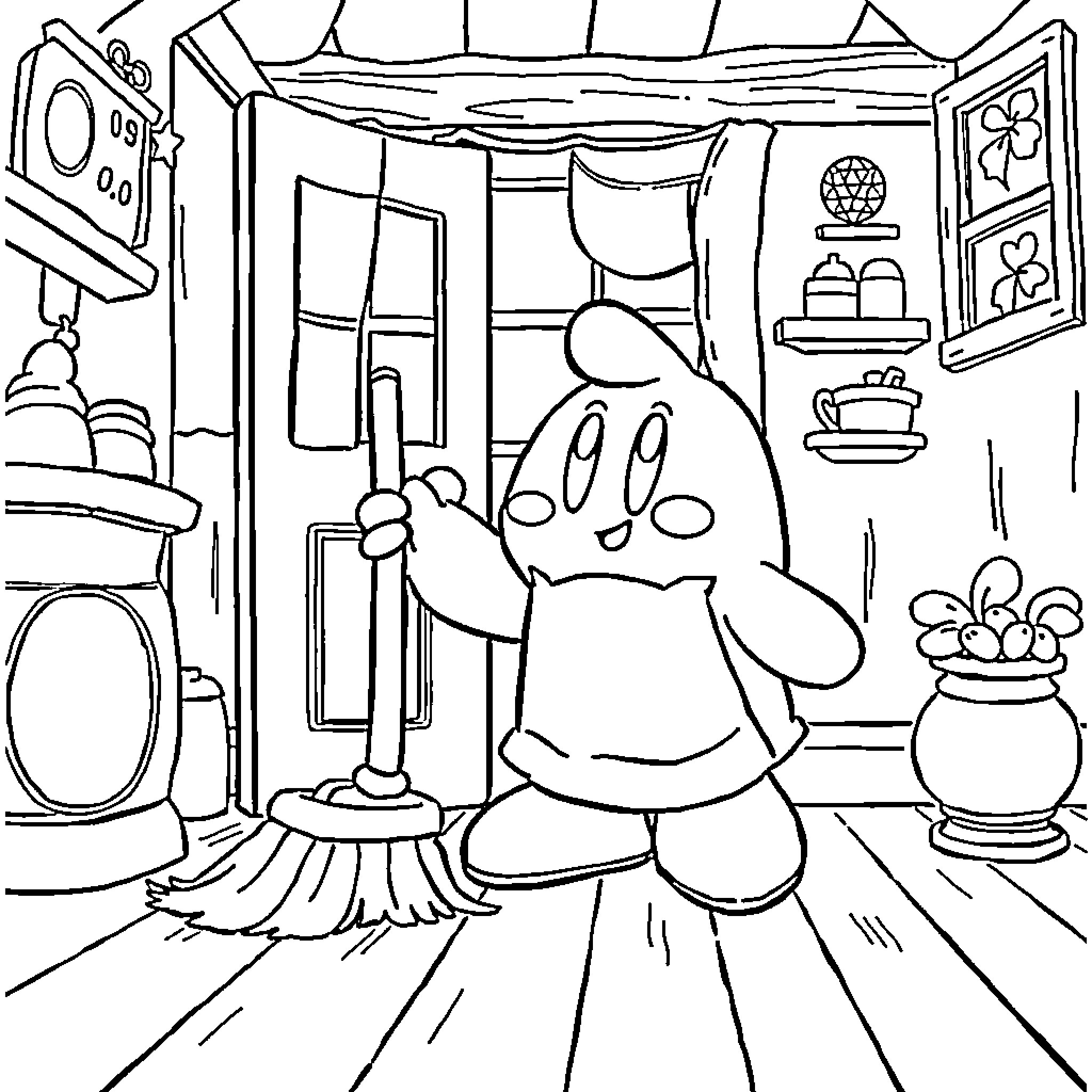 Kirby's Tidy Workspace Coloring Page (free black-and-white line drawing printable PDF for all, from beginners to advanced learners, including children, teens, adults, and seniors)