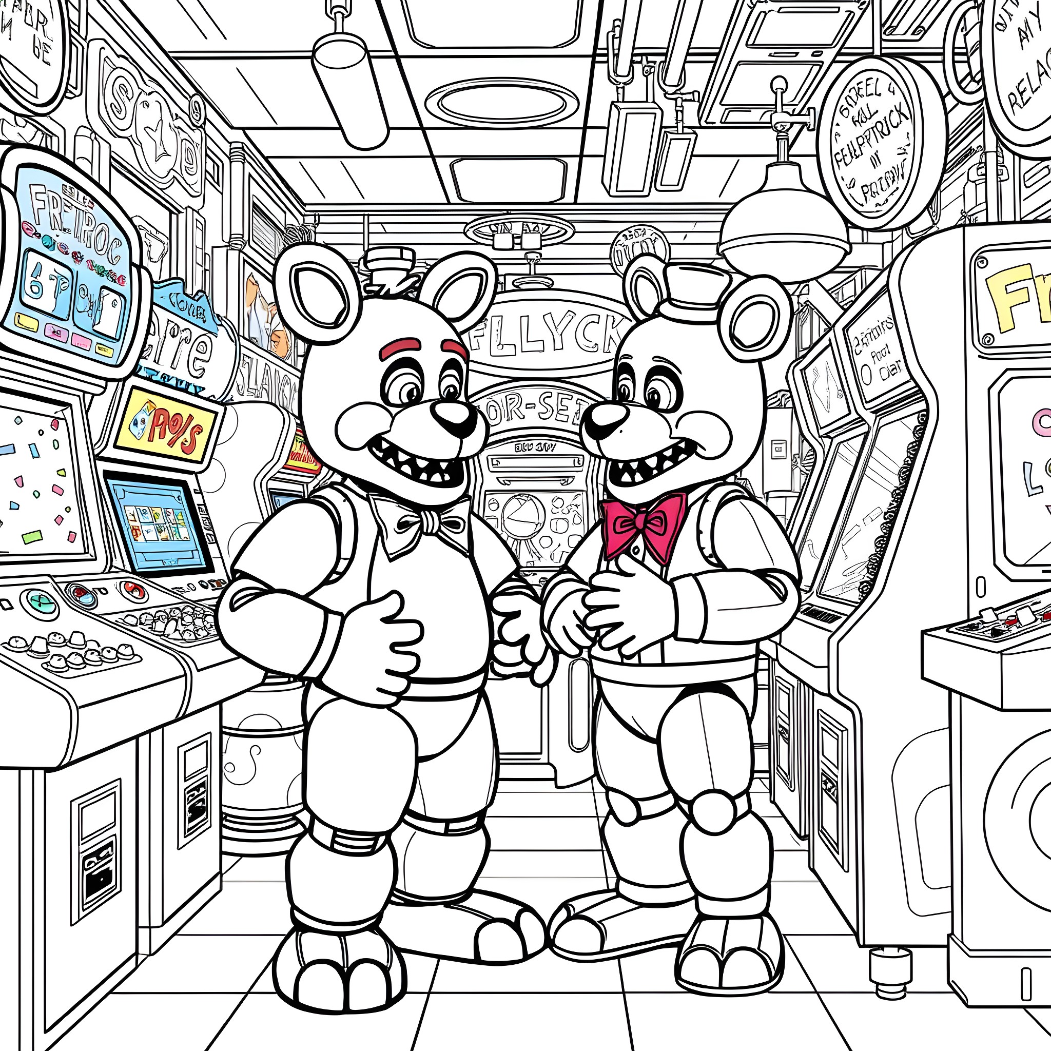 Freddy's Funtime in the Arcade Coloring Page (free black-and-white line drawing printable PDF for all, from beginners to advanced learners, including children, teens, adults, and seniors)