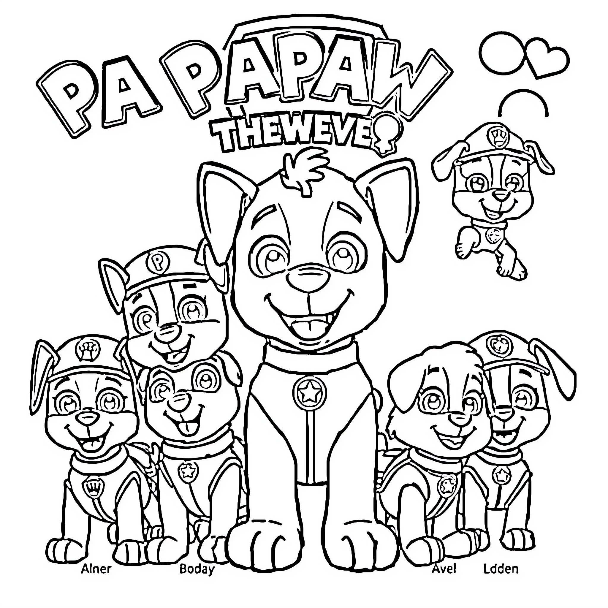 Paw Patrol characters happily together Coloring Page (free black-and-white line drawing printable PDF for all, from beginners to advanced learners, including children, teens, adults, and seniors)
